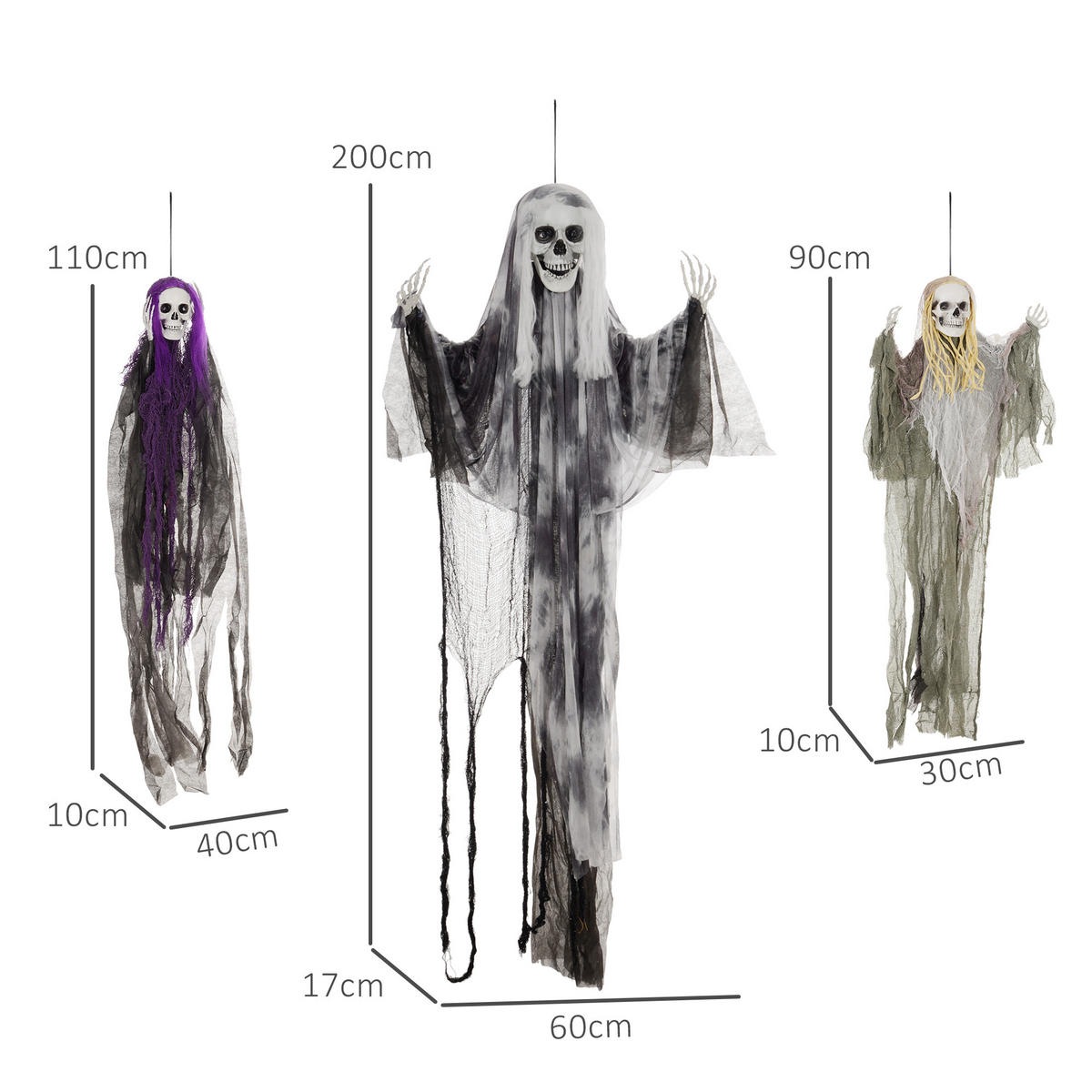 HALLOWEEN DECORATIONS 90/110/200cm Hängendes Skelett mit verstellbare Arme - Multicolor, Kunststoff/Metall (60/200/17cm) - HOMCOM