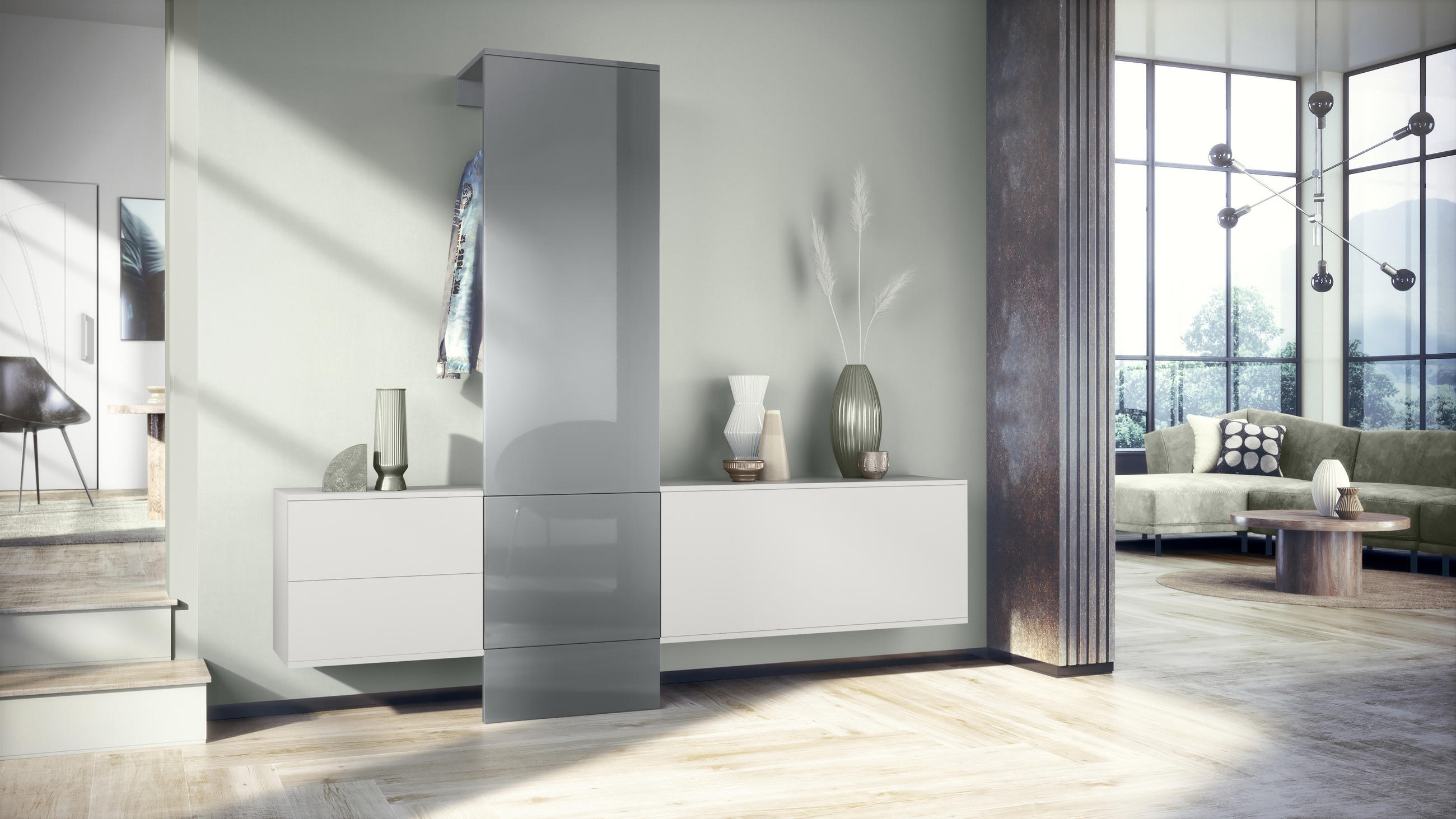GARDEROBE DualVista Grau Hochglanz - Grau, Holzwerkstoff (208/193/35cm) - Vladon