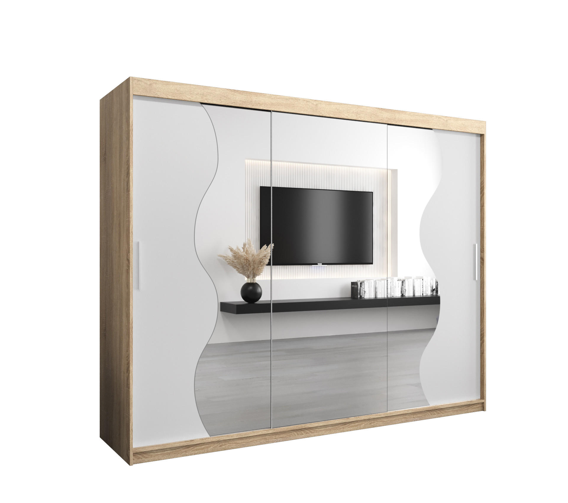 Möbel Kryspol Schwebetürenschrank Sonoma Eiche, Weiß 250x200x62 cm