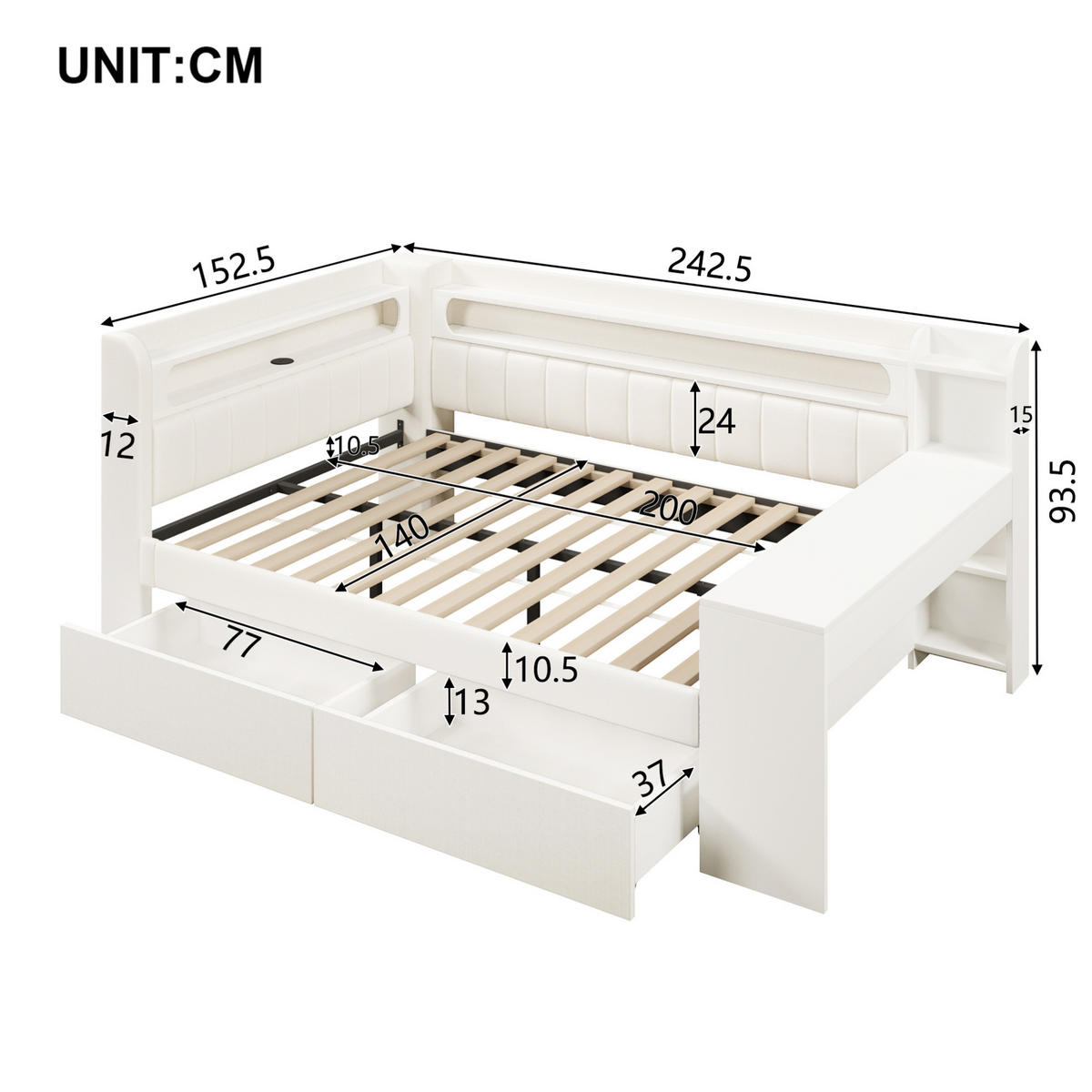 POLSTERBETT 140/200 cm weiß aus MDF mit LED und USB mit Schreibtisch - Weiß, Holzwerkstoff (140/200cm) - OKWISH