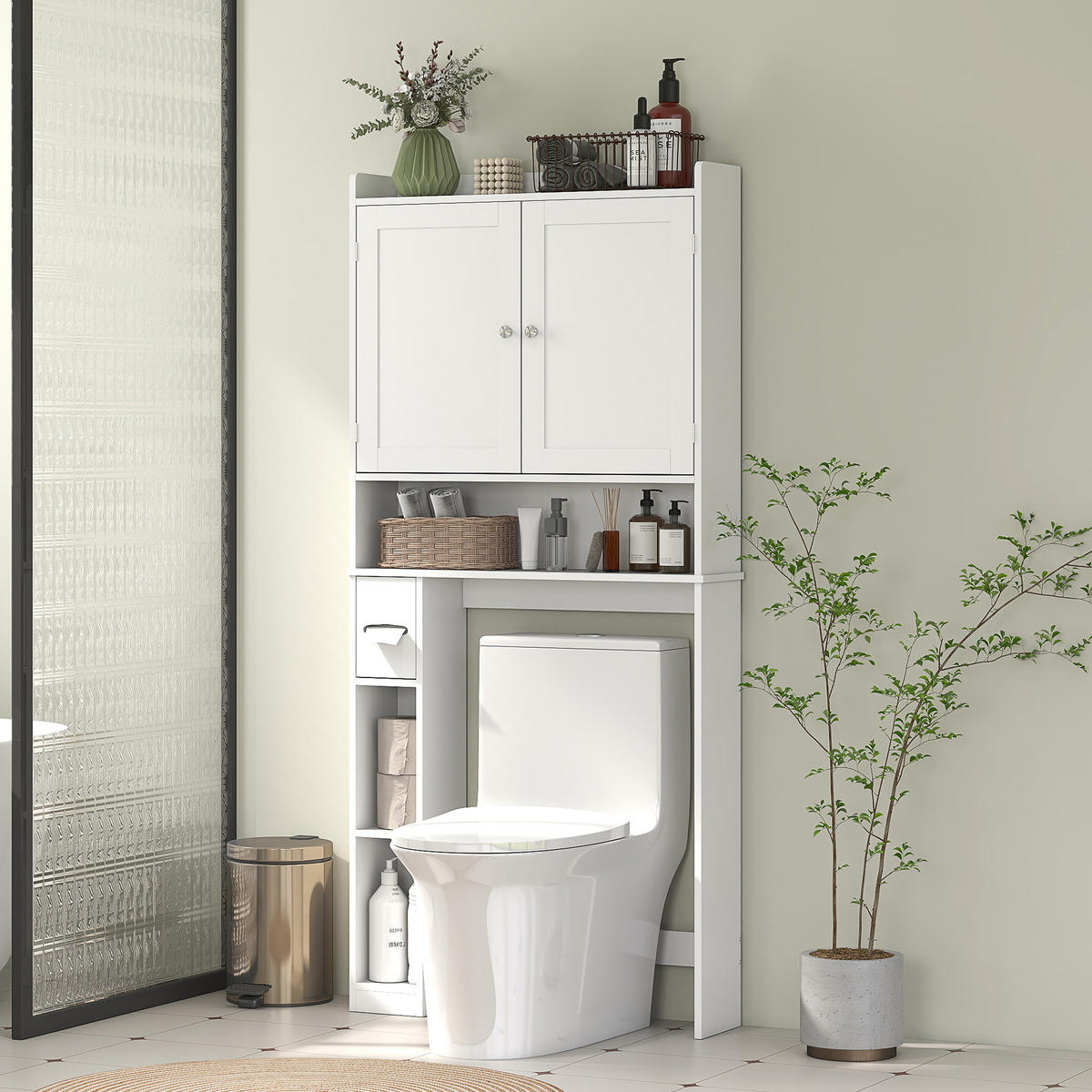 BADEZIMMERREGAL DE-15932 mit Toilettenpapierhalter Weiß - Weiß, Holzwerkstoff (19.5/170/80cm) - ComfortXL