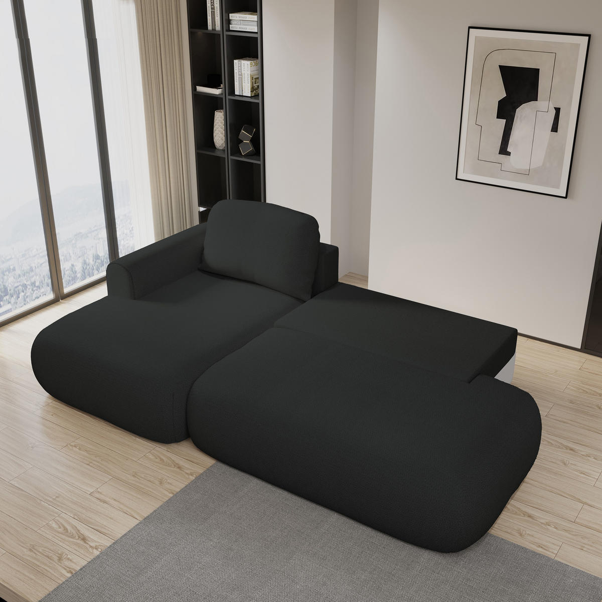 ECKSOFA NUVIRA L-S Schwarz Geflochtener Stoff mit Schlaffunktion - Schwarz, Holz (274/165cm) - MASSENO