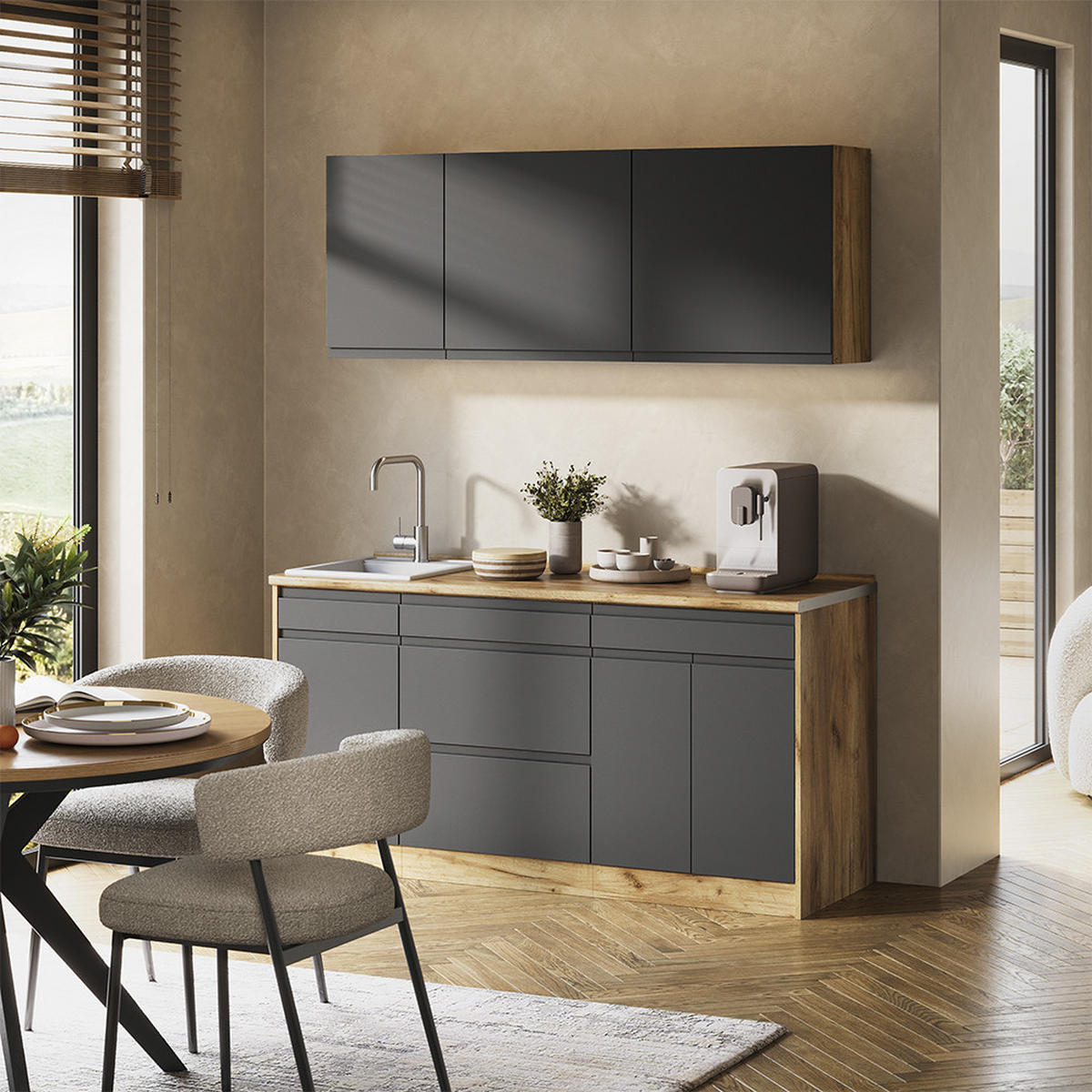 SINGLEKÜCHE R-Line, Anthrazit/Goldkraft Eiche, 160 cm Arbeitsplatte Weiß - Eichefarben/Anthrazit, Holzwerkstoff (160/81.6/60cm) - Vicco