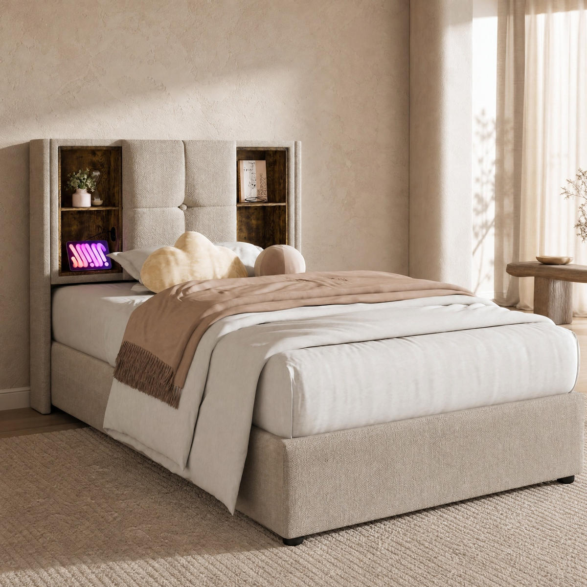 POLSTERBETT 90/200 mit Bettkasten, kabellosem Laden, USB, Type-C und Stauraum in Natur - Beige, Holzwerkstoff/Textil (90/200cm) - EVRYAE