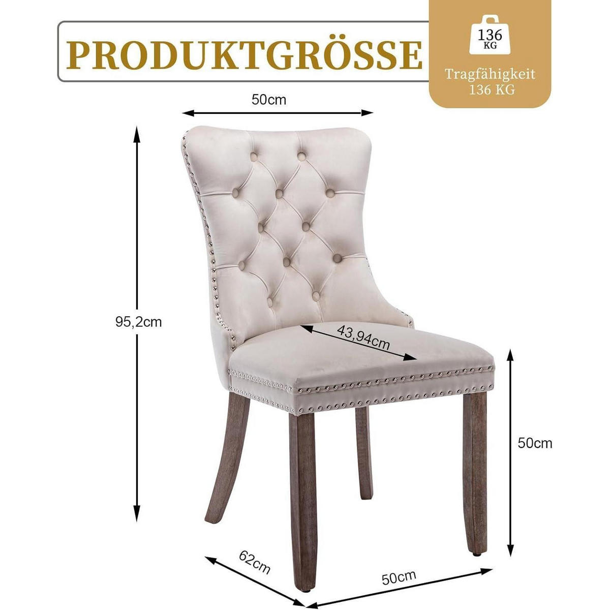 ESSZIMMERSTÜHLE 6er-Set Samt Beige mit Massivholzbeinen - Beige, Textil (50/95.2/62cm)
