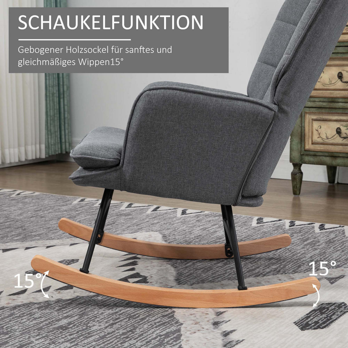 SCHAUKELSTUHL Schwingsessel mit Hocker Armlehnsessel Relaxsessel mit Leinenoptik - Buchefarben/Grau, Holz/Buchenholz (89/90/64cm) - HOMCOM