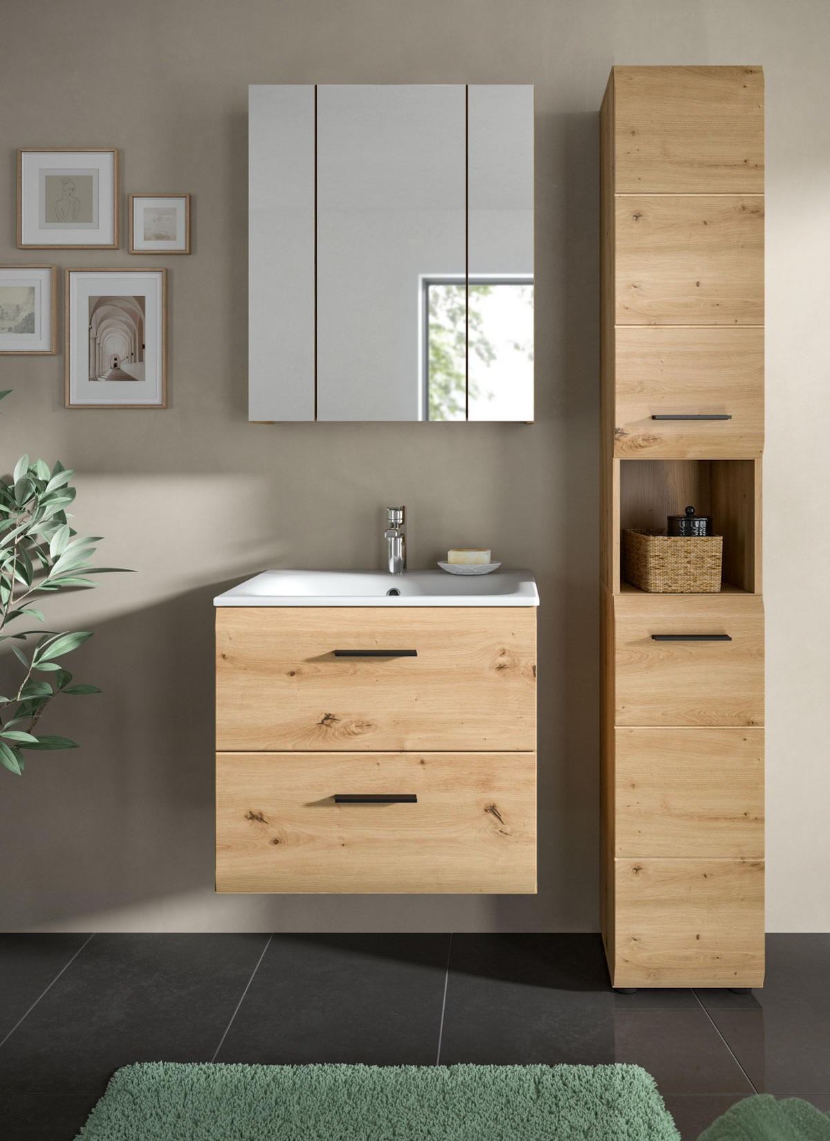 BADMÖBEL SET 3-teilig in Artisan Eiche, Badkombination 105 x 185 cm, Cover - Schwarz/Eiche Artisan, Glas/Keramik (105/185/30cm) - Inn.Furn