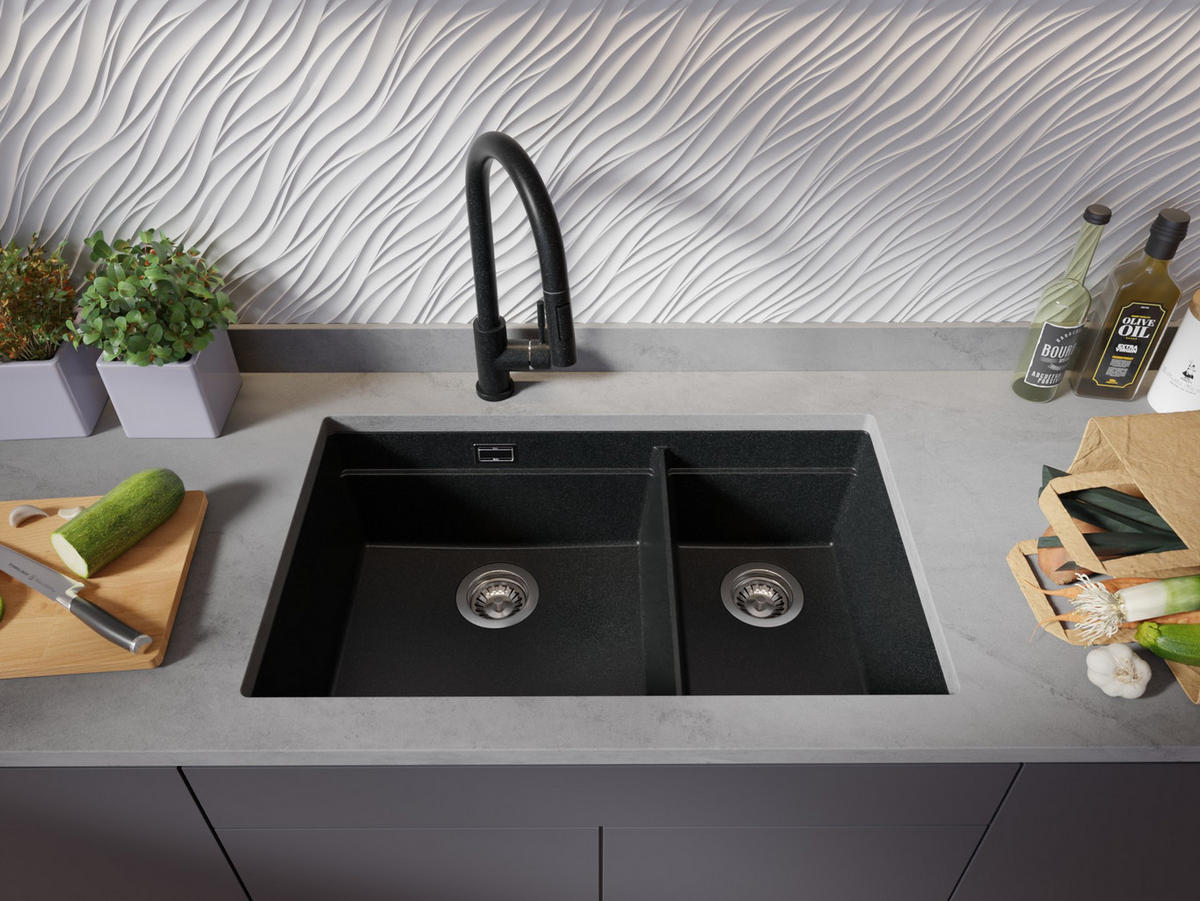 SPÜLBECKEN Praga Slim Duo, 2-er set Anthrazit 76/47 cm 2 Becken + Ablauf-Set + Aufrollbare Abtropffläche ab 80er Unterschrank - Chromfarben/Anthrazit, Kunststoff (76/20/47cm) - Primagran