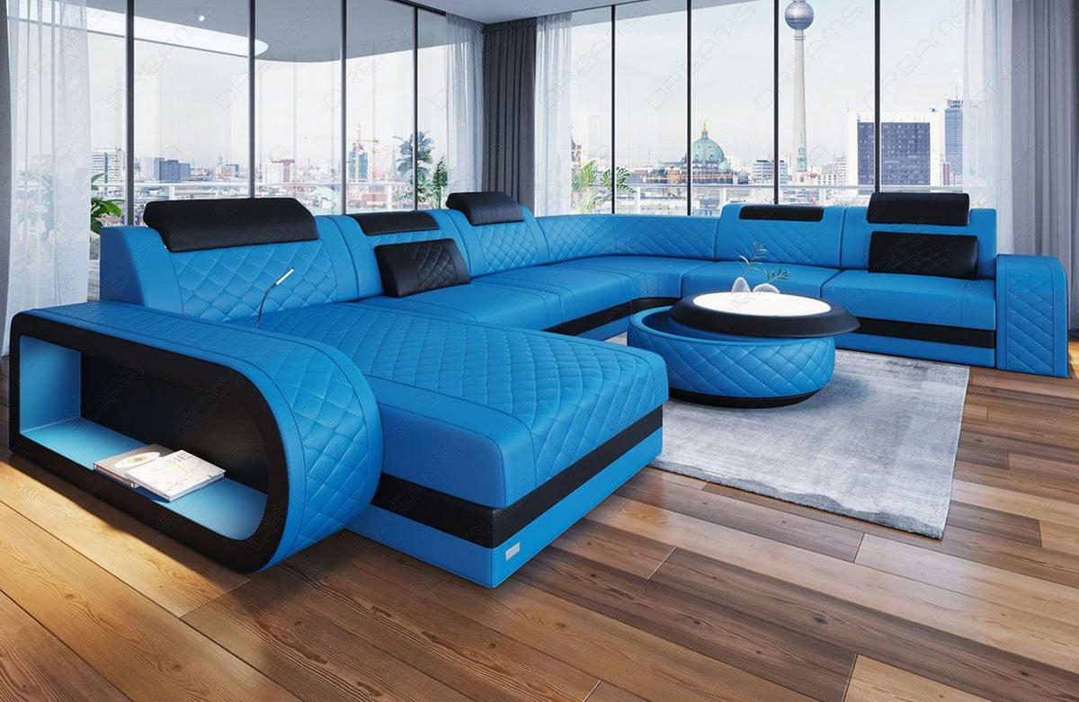 WOHNLANDSCHAFT Berlin U-Form Mini Blau Schwarz Kunstleder - Blau, Textil (362/80/264cm)