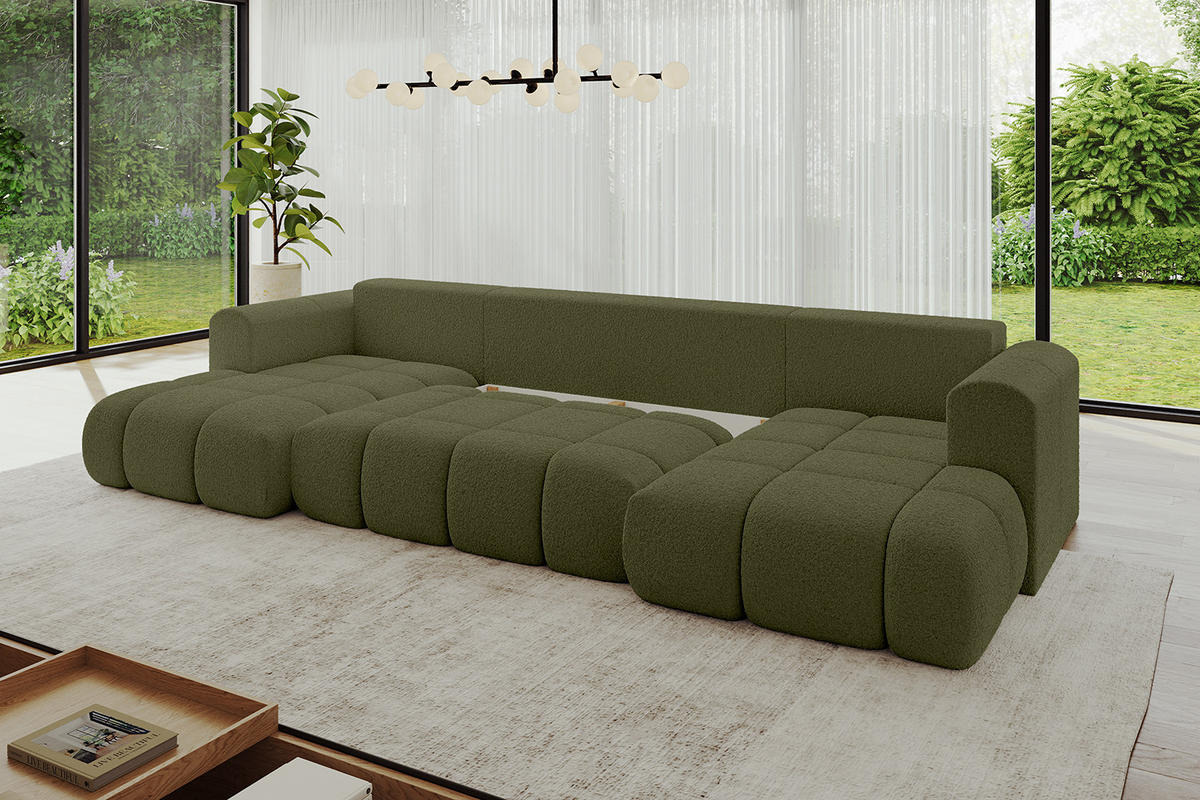 WOHNLANDSCHAFT Ottomane Links CLOUD-U-v1 414x180x40 Grün Bouclé - Grün, Holzwerkstoff/Kunststoff (414/90/180cm) - ALTDECOR