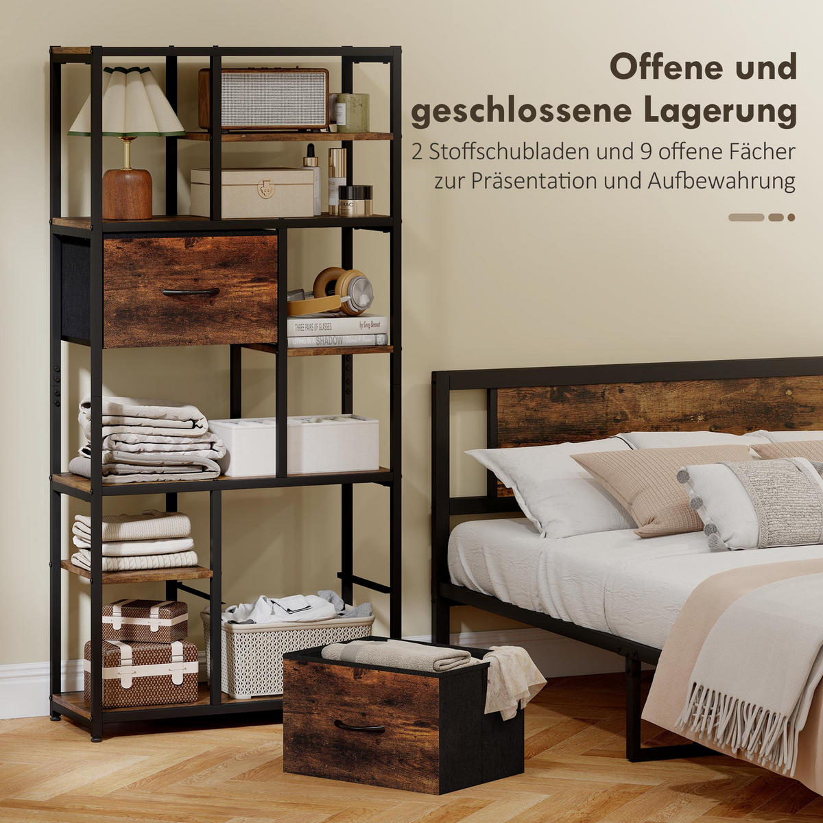 STANDREGAL mit 2 Stoffschubladen 9 offenen Fächern Braun - Dunkelbraun/Schwarz, Holzwerkstoff/Textil (30/150/72.5cm) - HOMCOM