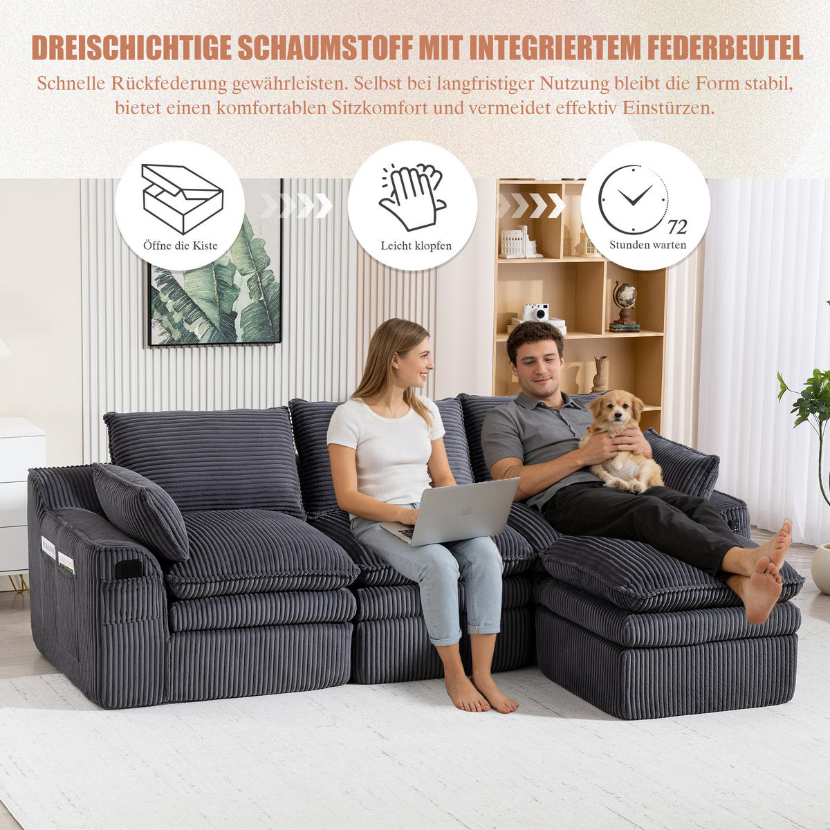 3-SITZER ECKSOFA Cord Dunkelgrau mit Kissen, Hocker und Seitentaschen - Dunkelgrau, Textil (263/167cm) - WISHDOR