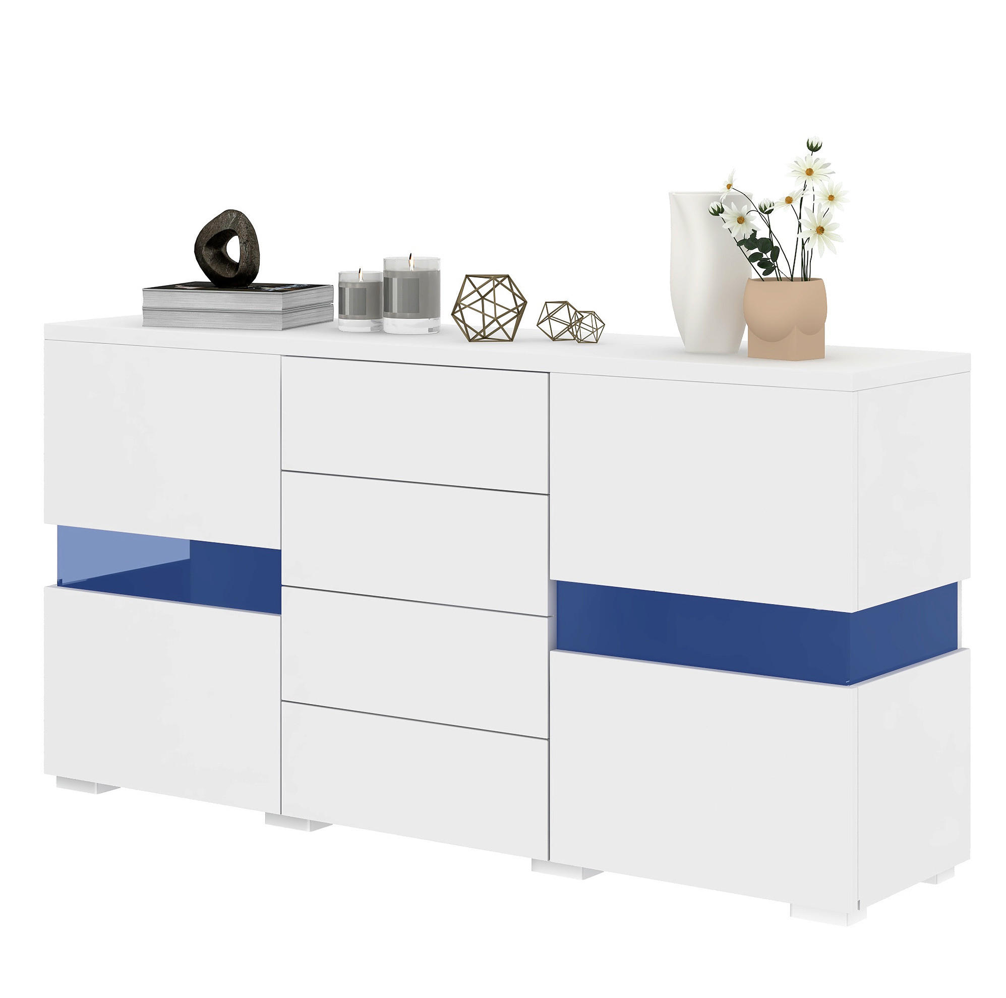 Modfu PŘÍBORNÍK z MDF 140x35x72 cm bílý s LED osvětlením, 4 zásuvkami a 2 akrylovými dvířky ve vysokém lesku