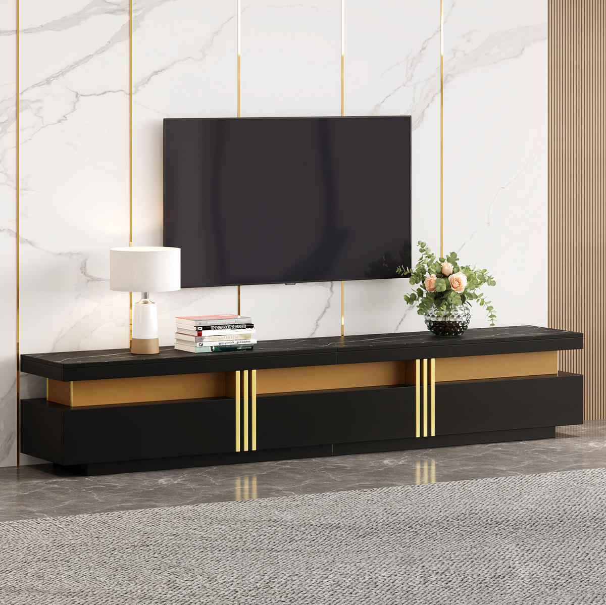 TV-LOWBOARD aus Spanplatte 200x40x42 cm Schwarz mit 3 Schubladen und Kabelauslass - Schwarz, Holzwerkstoff (200/42/40cm) - IVMEU