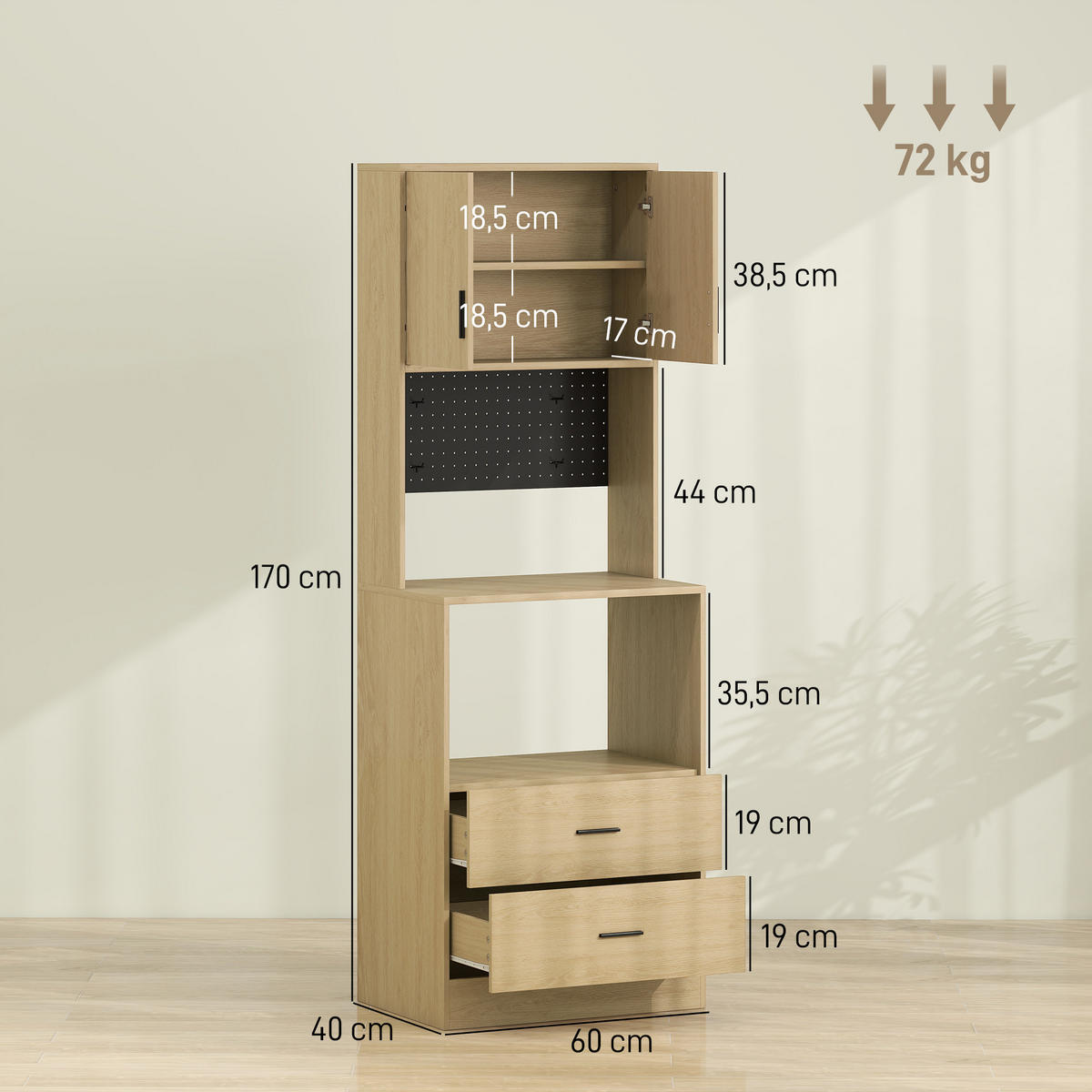 MIKROWELLENUNTERSCHRANK DE-11319 2 Türen, 2 Schubladen Natur - Naturfarben, Holzwerkstoff (40/170/60cm) - ComfortXL