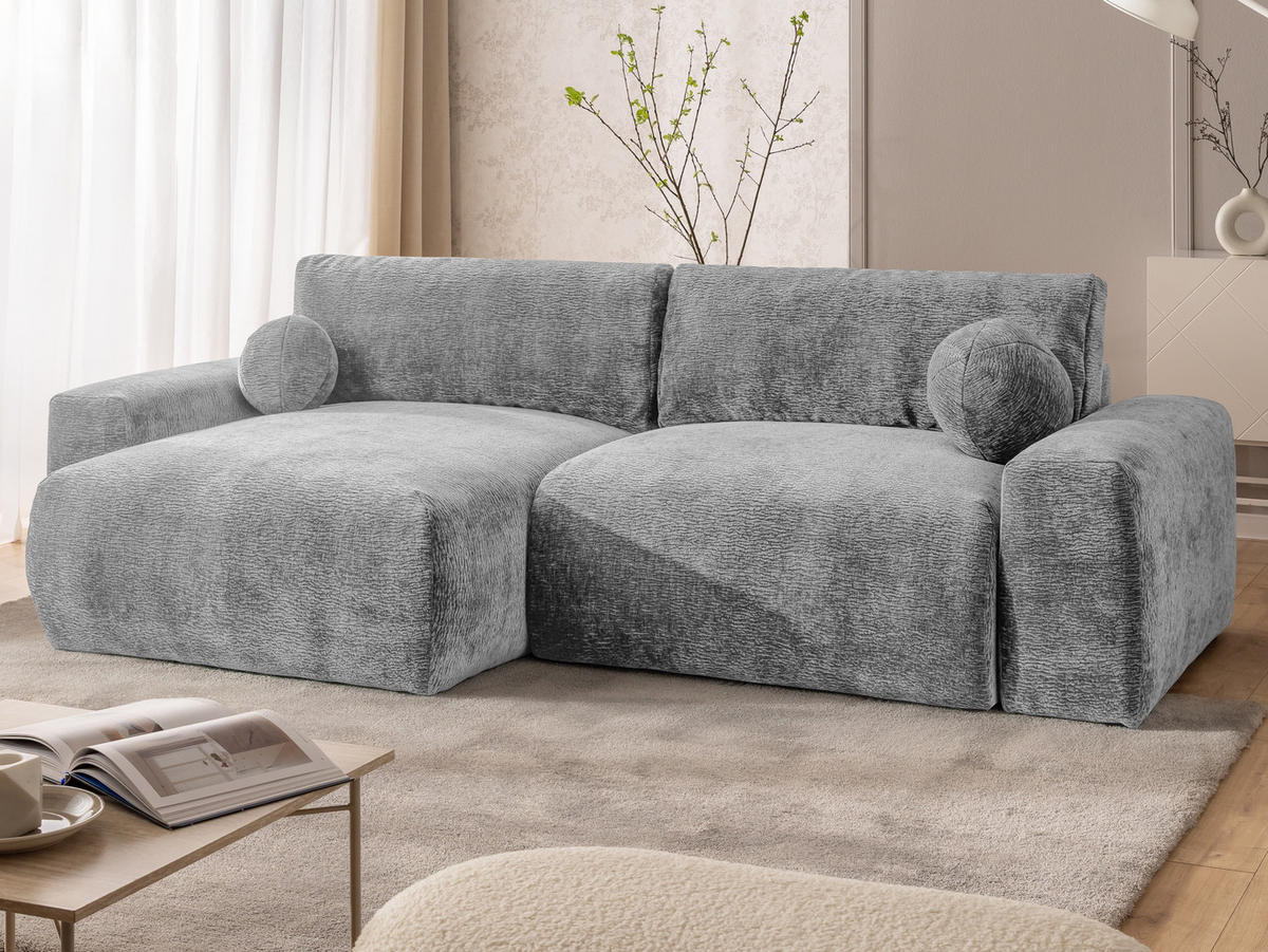 ECKSOFA Puffy mit Schlaffunktion und Bettkasten - besonders weich und puffig aus Hellgrau Stoff mit Chenillestruktur - Ottomane links - Hellgrau/Schwarz, Holz/Kunststoff (138/266cm) - S-Style Möbel