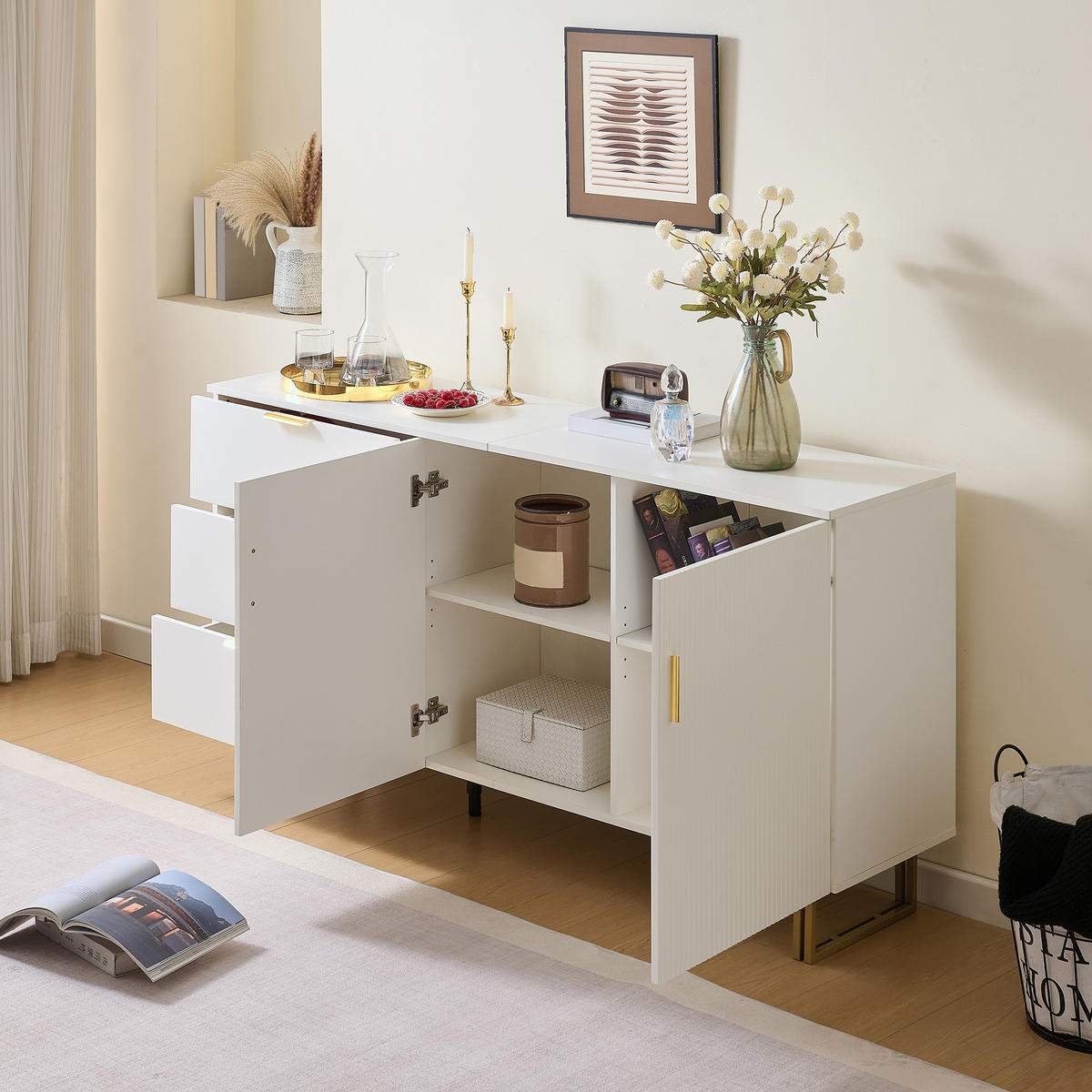 SIDEBOARD 160cm 2 Türen 3 Schubladen Gold Stahl modern - Weiß, Holzwerkstoff (40/81.5/160cm) - FLIEKS
