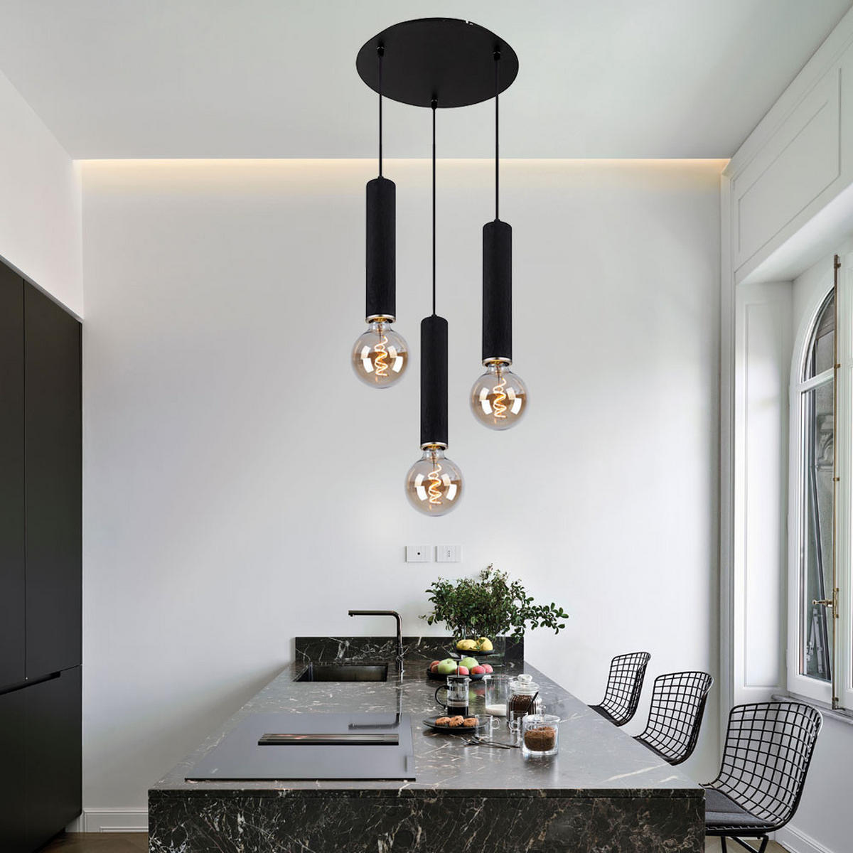 HÄNGELEUCHTE Holzoptik Schwarz 3-flammig - Schwarz, Holz (35/35/160cm) - Globo Lighting