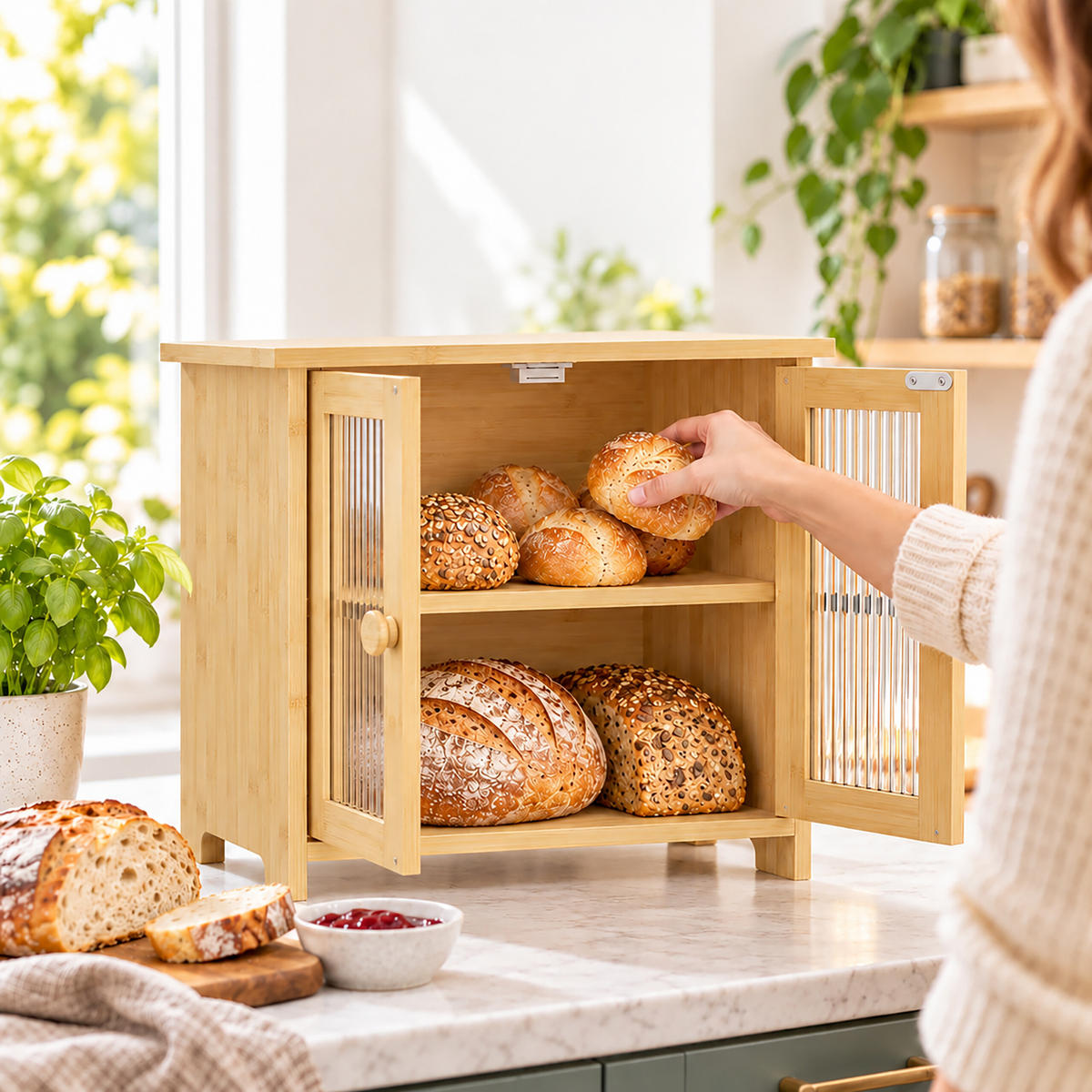 BROTKASTEN Natur Bambus 2 Etagen Sichtfenster 34x36x22 cm - Hellbraun, Holz/Kunststoff (36/34/22cm) - Relaxdays