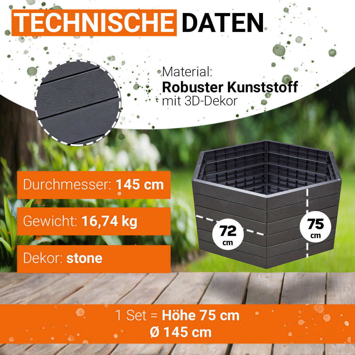 HOCHBEET XL 75, , inkl. Wassersparsystem - Anthrazit, Kunststoff (145/75/145cm) - GARANTIA