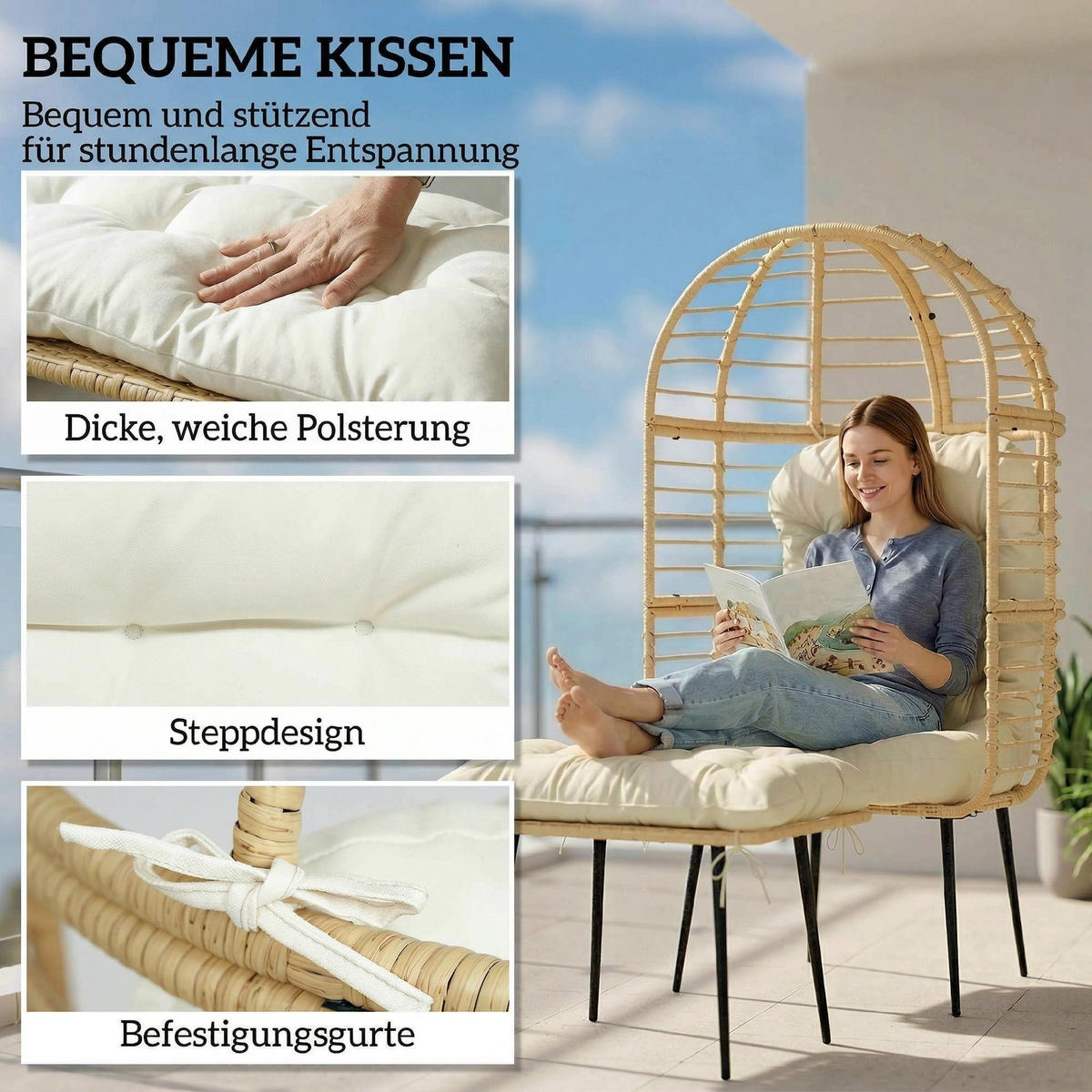 EIERSESSEL PE-Rattan Stahl Beige - Beige/Creme, Kunststoff/Textil (65/147/76cm) - Outsunny