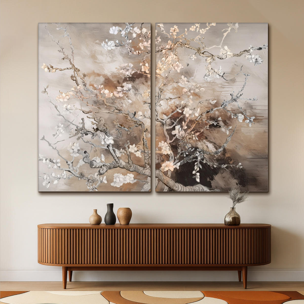 LEINWANDBILD 2er Set Mandelblüte - Abstrakt - Beige 240x180 cm - Beige, Textil (240/180cm) - MuchoWow