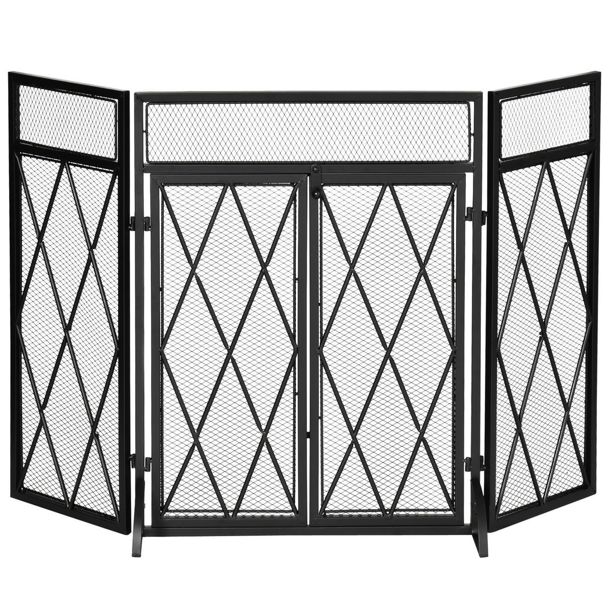 KAMINSCHIRM DE-17024 3 klappbare Flügel mit Tür Schwarz - Schwarz, Metall (1/79/120cm) - ComfortXL
