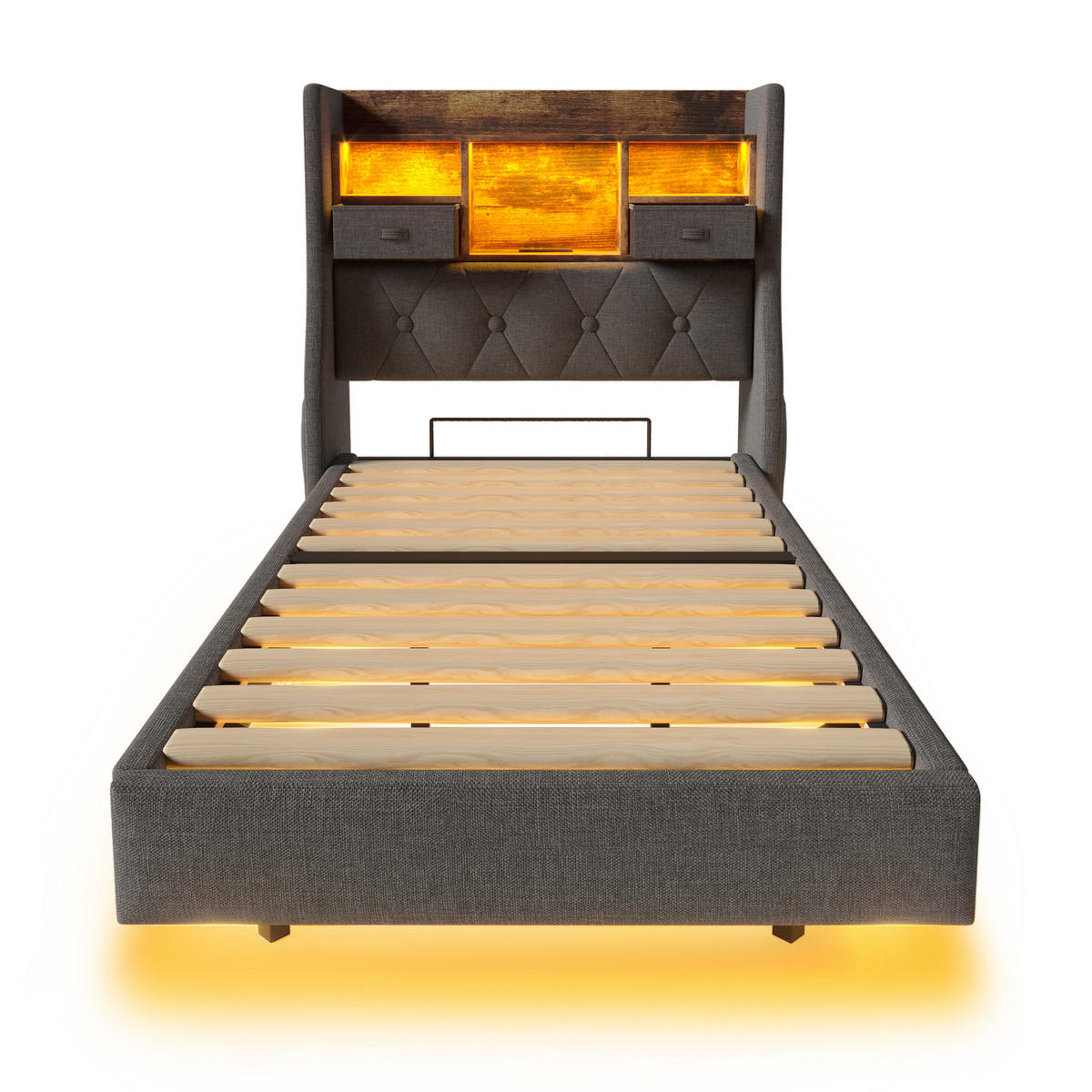 POLSTERBETT aus Leinen 90x200 cm in Grau mit LED & Matratze - Grau, Textil (90/200cm) - Modfu