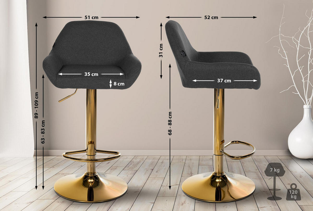 BARHOCKER 2er Set Prag Gold Stoff schwarz - Goldfarben/Schwarz, Textil/Metall (51/109/52cm) - TPFLiving