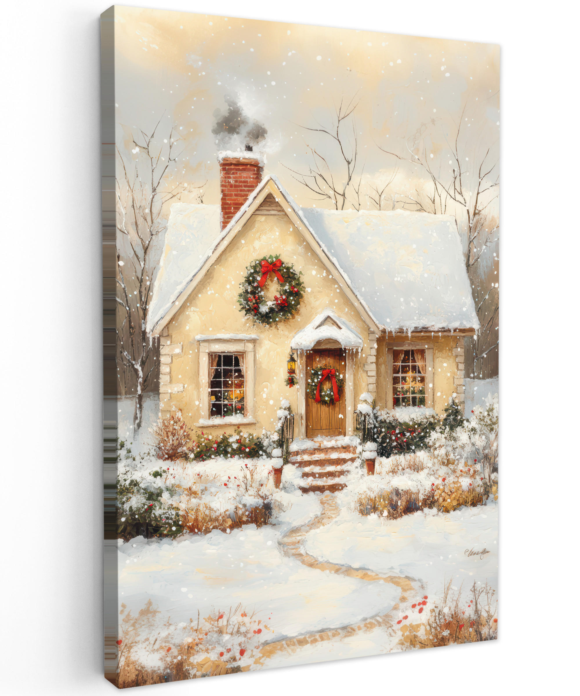 LEINWANDBILD Weihnachten - Zuhause - Winter - Schnee 80x120 cm - Creme, Textil (80/120cm) - MuchoWow