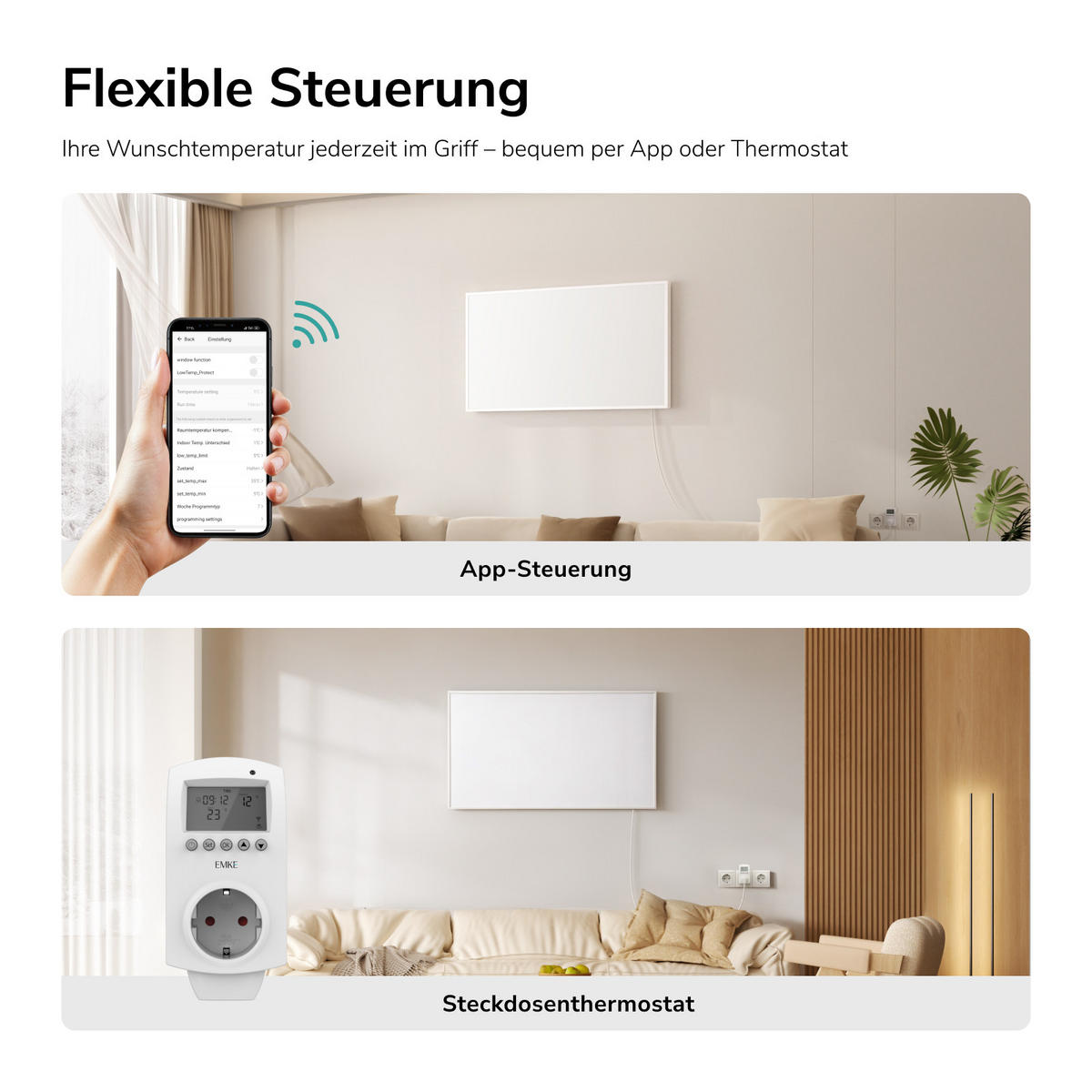 WANDKONVEKTOR Elektrisch 600 W mit Thermostat und App Steuerung 100,5/59,5 cm - Weiß, Kunststoff/Metall (100.5/59.5/2cm) - EMKE