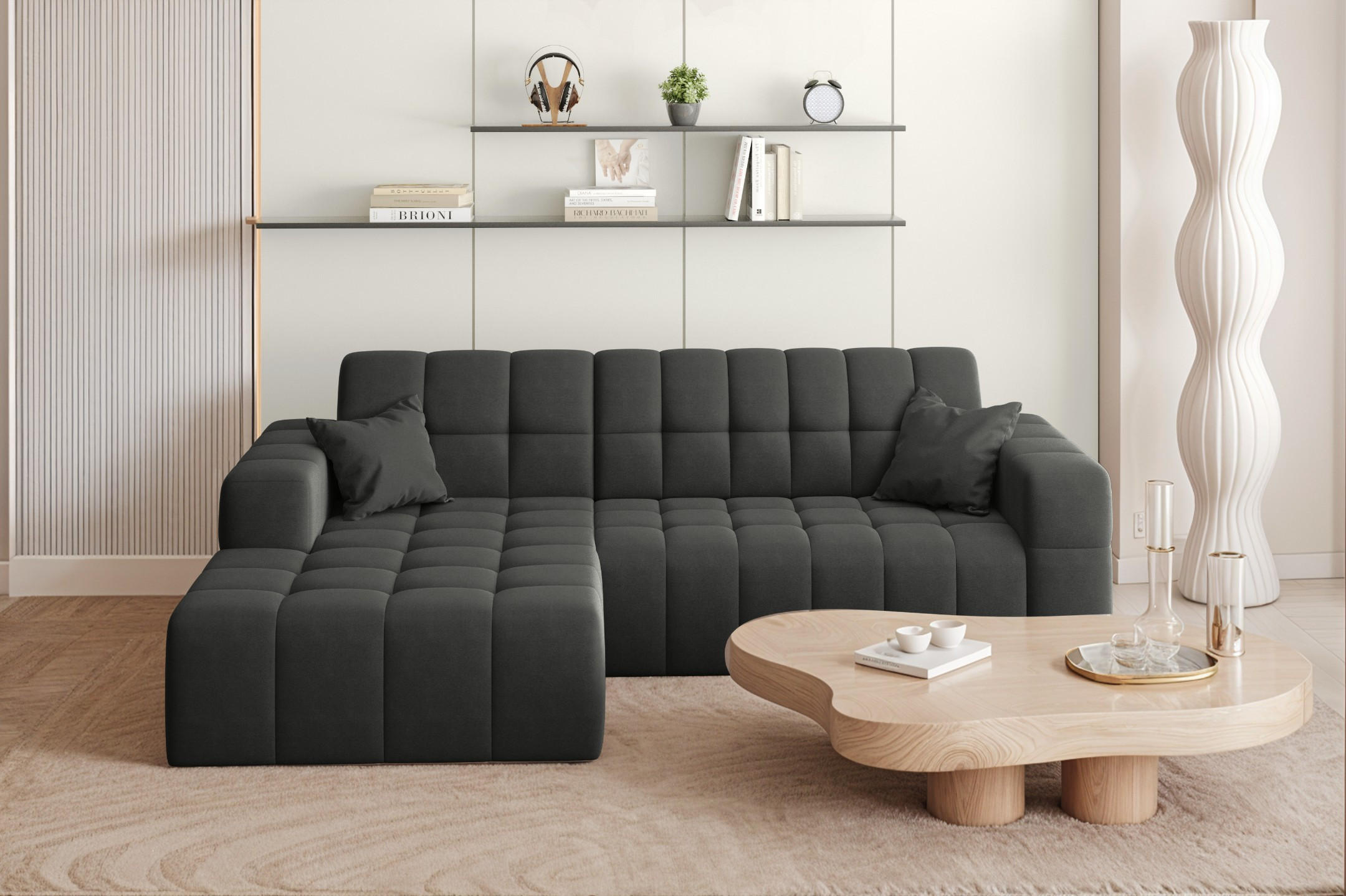 ECKSOFA L-förmiges Nimes Velours Stoff Schwarz Links - Schwarz, Holz/Kunststoff (168/265cm) - Kaiser Möbel