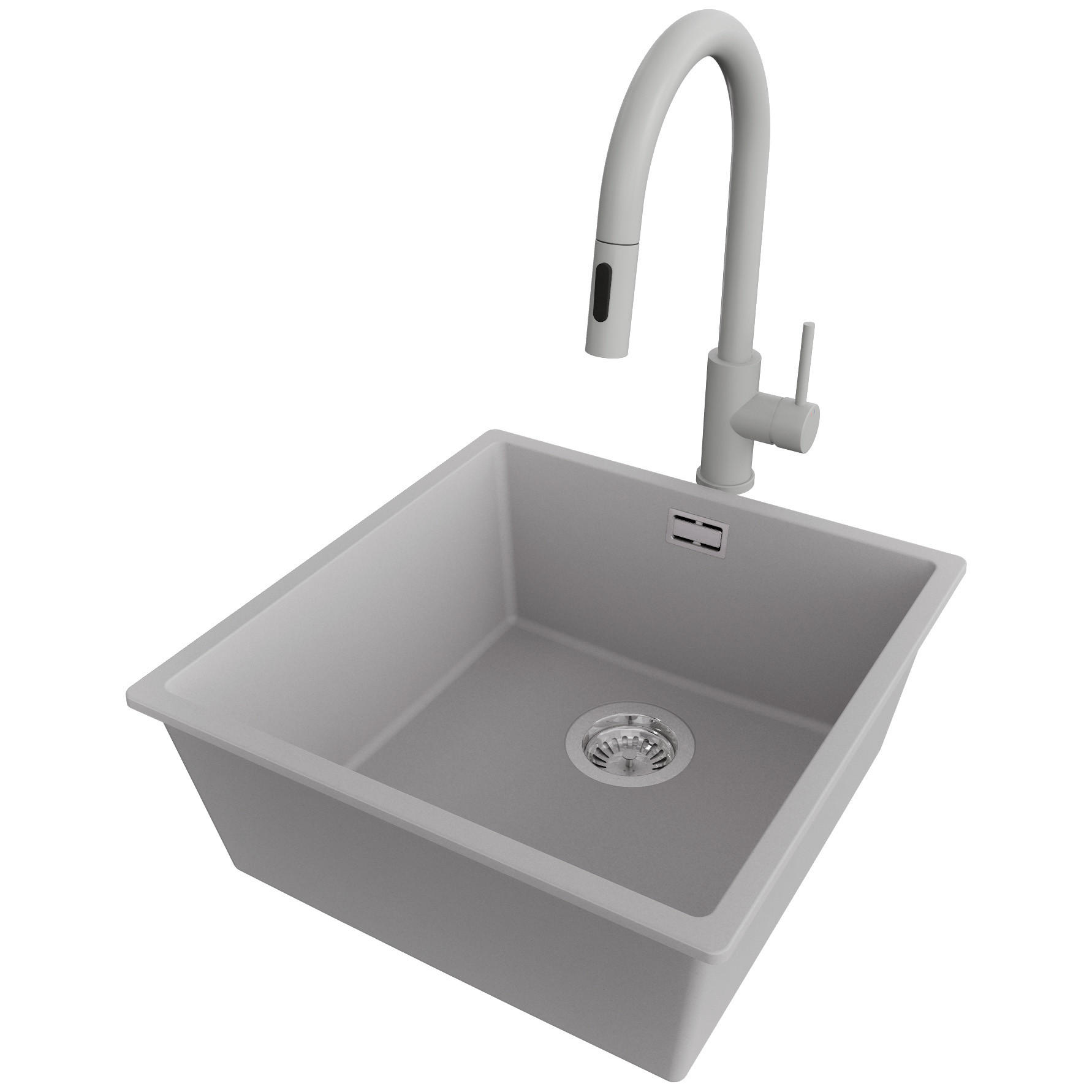 GRANITSPÜLE London, 3-er set Grau 46/47 cm, 1 Becken + Küchenarmatur 40/20 cm + Ablauf-Set ab 50er Unterschrank - Chromfarben/Grau, Kunststoff (46/20/47cm) - Primagran