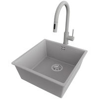 GRANITSPÜLE London, 3-er set Grau 46/47 cm, 1 Becken + Küchenarmatur 40/20 cm + Ablauf-Set ab 50er Unterschrank - Chromfarben/Grau, Kunststoff (46/20/47cm) - Primagran