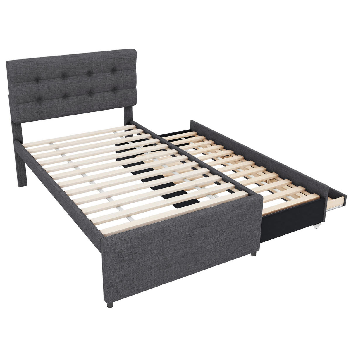 POLSTERBETT 90/200 cm grau mit ausziehbarem Rollbett und höhenverstellbarem Kopfteil Ohne Matratze - Grau, Textil (90/200cm) - OKWISH