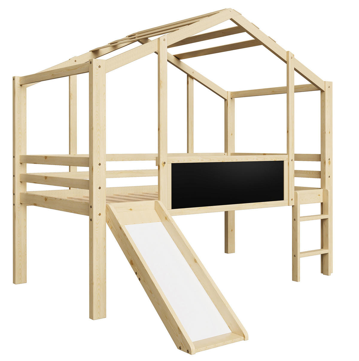 HOCHBETT 90/200 cm Dachboden-Design mit Rutsche und Tafel aus Massivholz mit Matratze - Naturfarben, Holzwerkstoff (90/200cm) - OKWISH