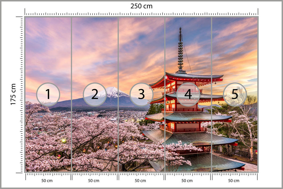 FOTOTAPETE für Wohnzimmer Japanische Pagode Frühling Sonnenuntergang 250x175 - Rot/Violett, Papier (250/175cm) - Muralo