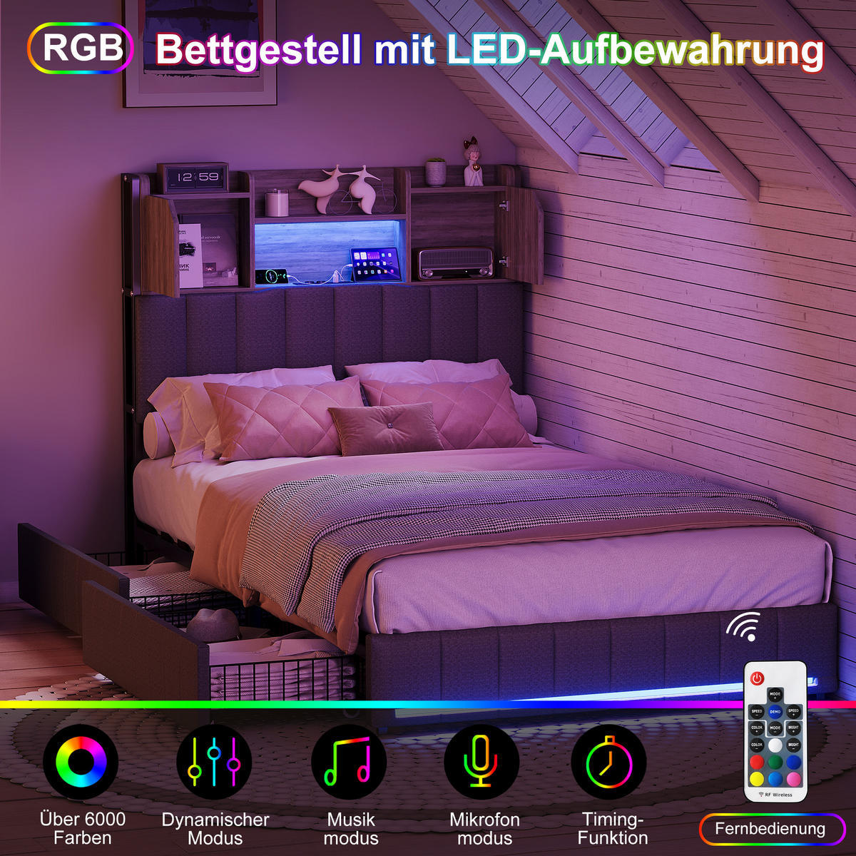 POLSTERBETT 90x200 cm, grau, 2 Schubladen, LED RGB Kopf- & Fußteil, USB/USB-C - Grau, Metall (90/200cm) - EuroLiving