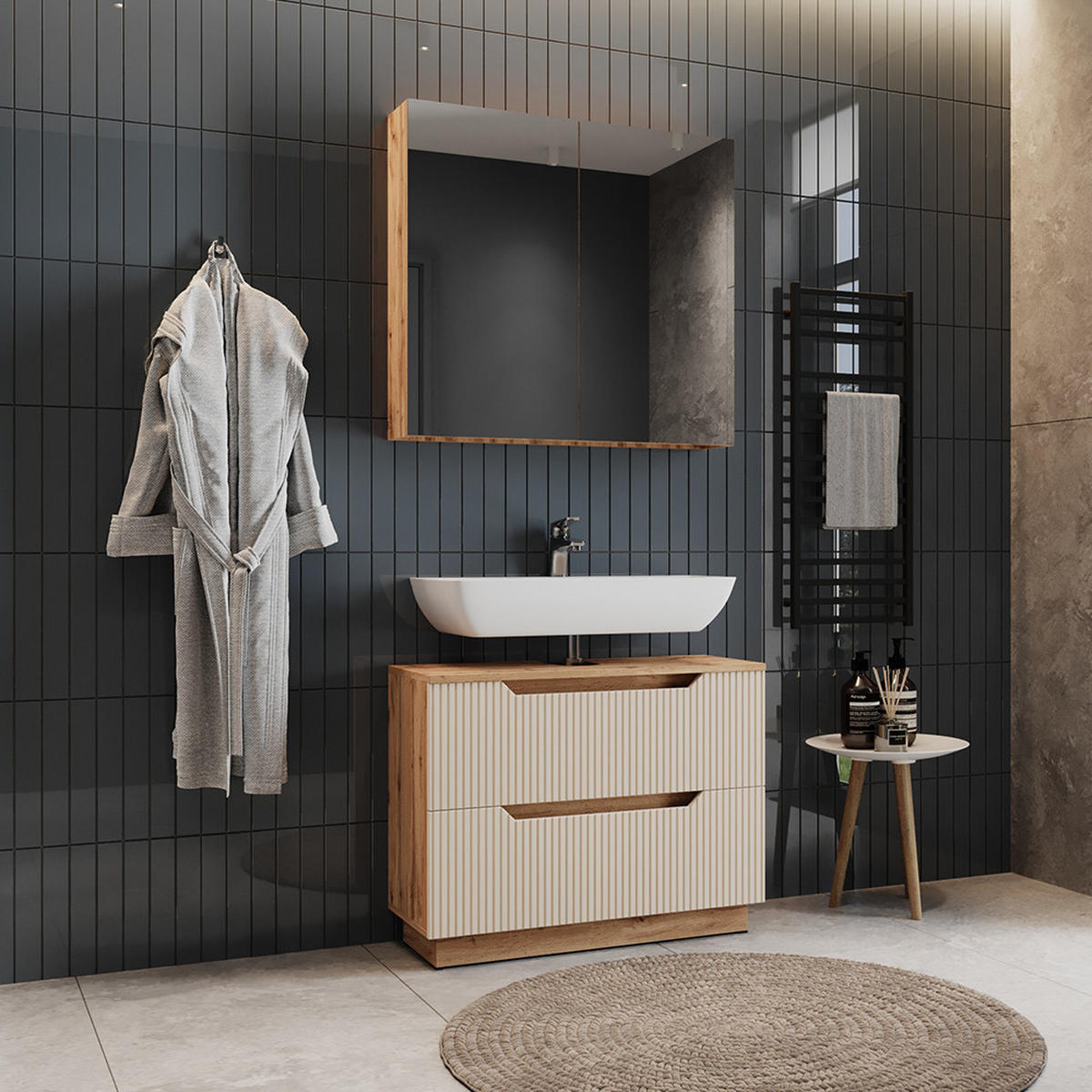 BADMÖBEL-SET Lotta Eiche/Kaschmir gestreift 2 Teile - Kaschmir/Eichefarben, Holzwerkstoff (79.6/62.5/32cm) - Vicco