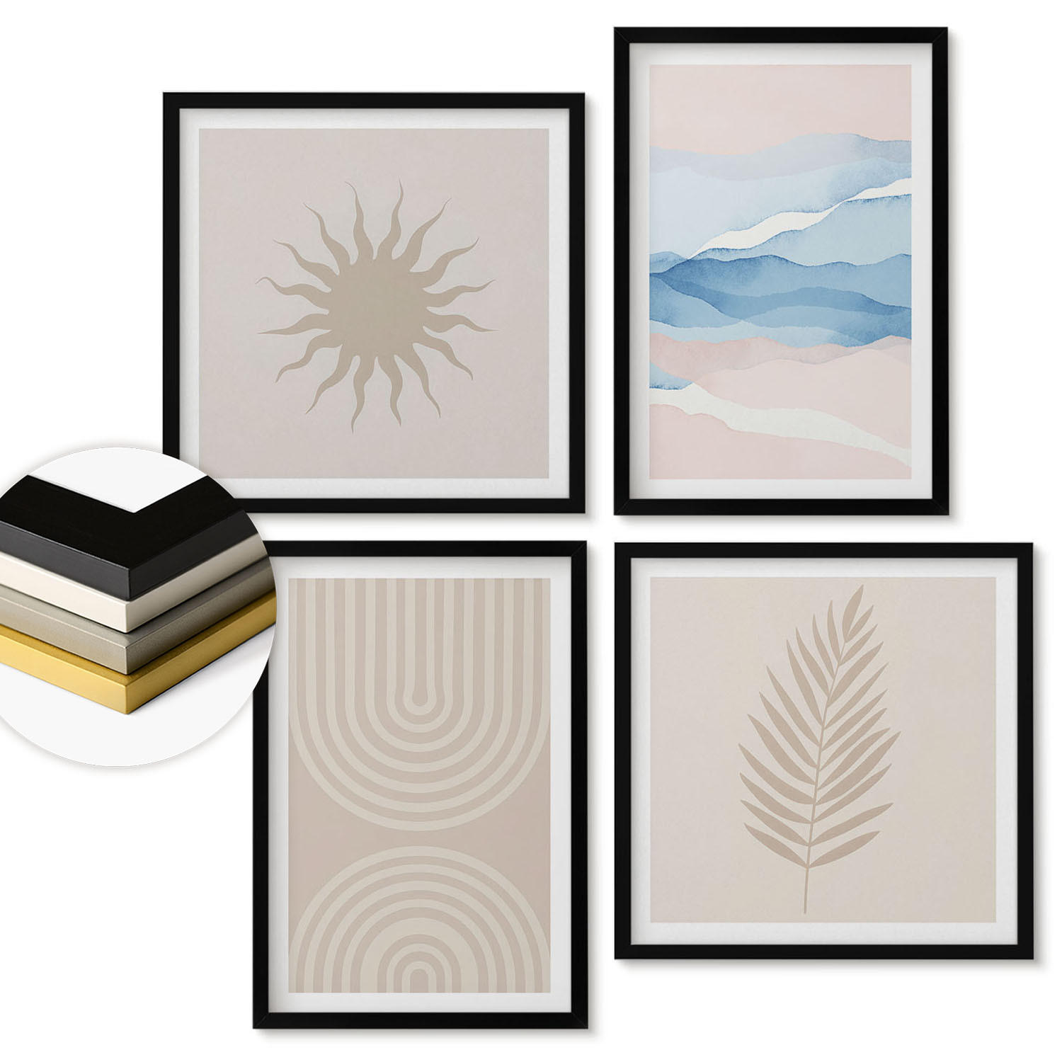 WANDBILDER 4er-Set - 50x50 cm & 40x60 cm Schwarzer Rahmen - Abstrakte Linien der Sonnenwellen - Schwarz, Kunststoff (50/50cm) - ArtPrintCave