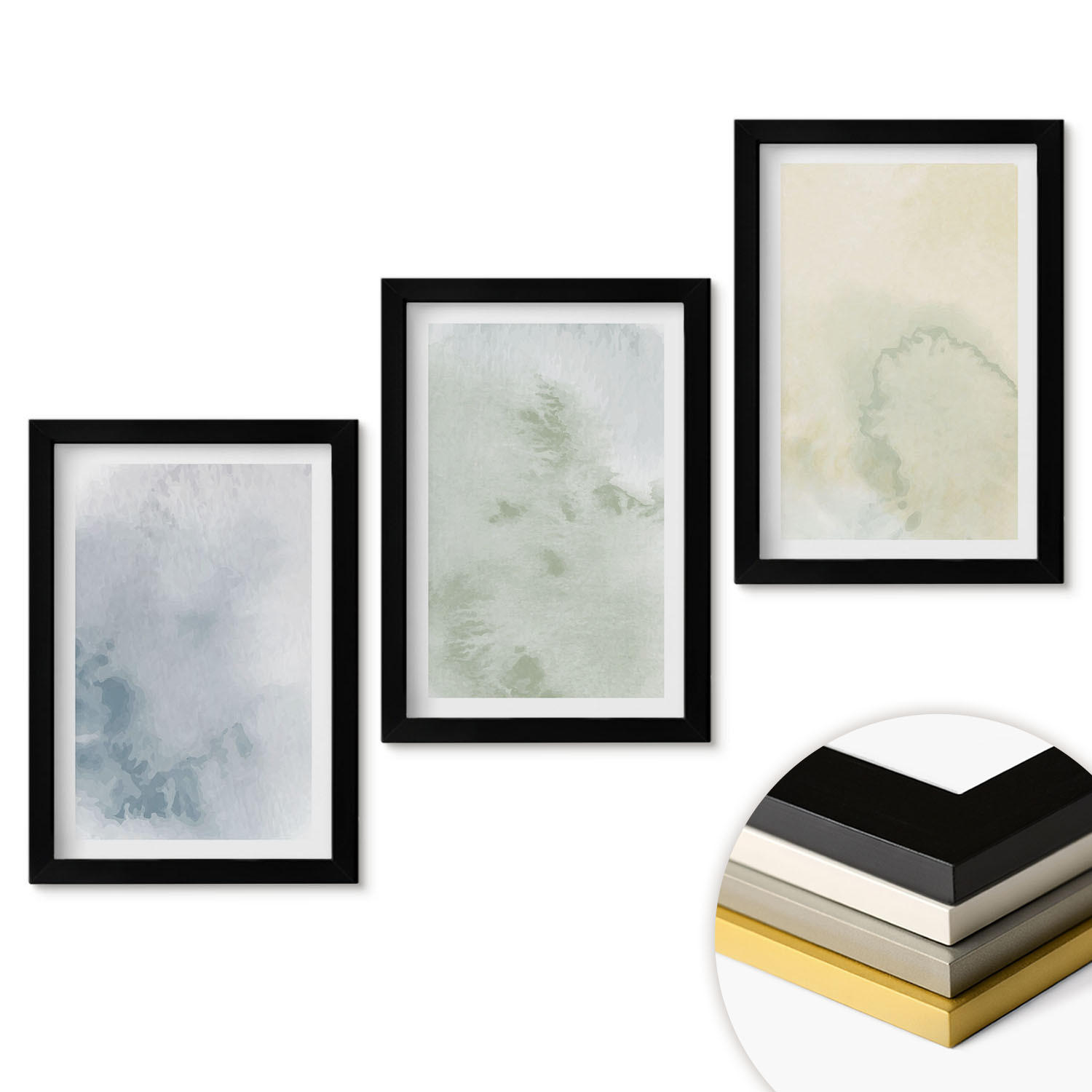 WANDBILDER 3er-Set - 20x30 cm Schwarzer Rahmen - Pastellfarben auf Leinwand - Schwarz, Kunststoff (20/30cm) - ArtPrintCave