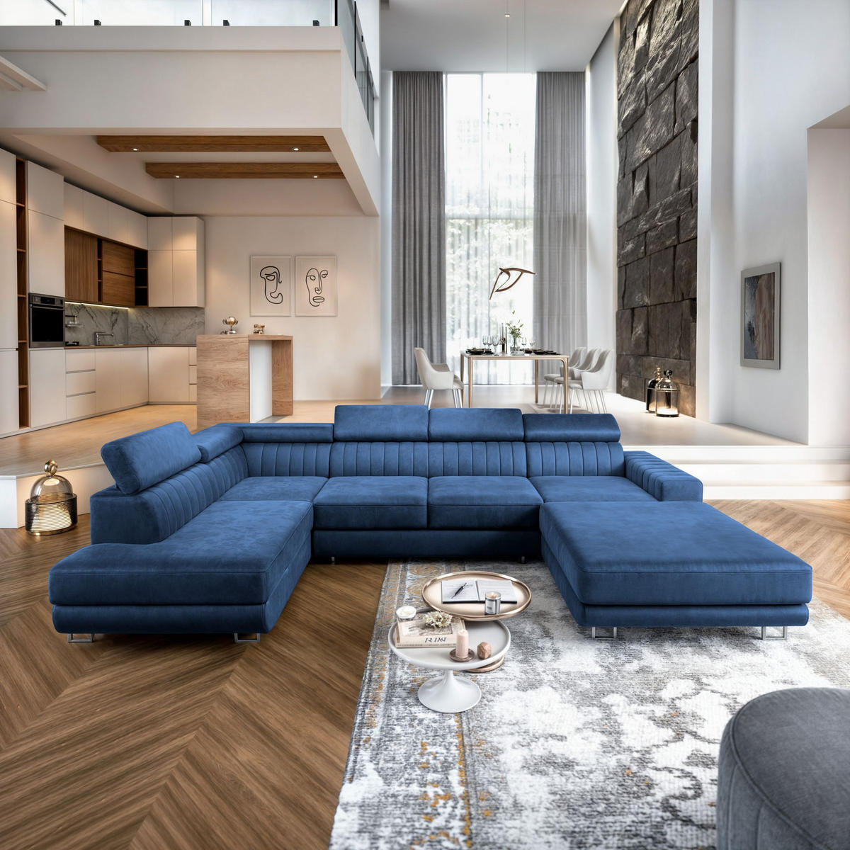 WOHNLANDSCHAFT SIENA R-S Blau Velours-Stoff mit Schlaffunktion - Blau, Holz (335/89/190cm) - MASSENO