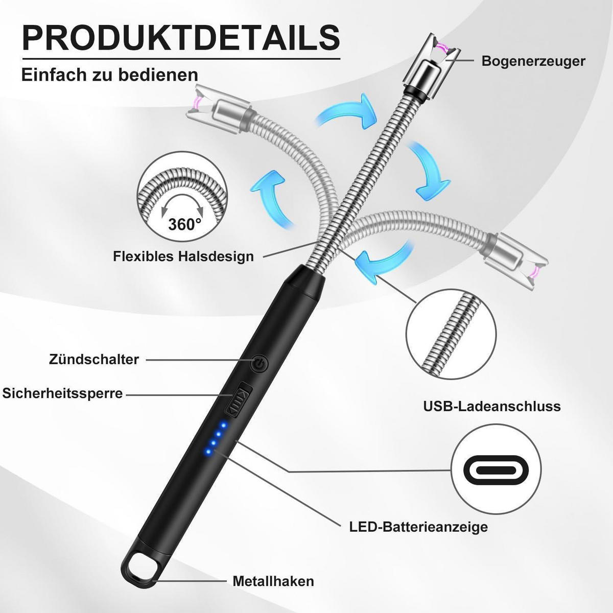 STABFEUERZEUG mit flexiblem Hals Schwarz - Schwarz, Kunststoff (1.2/1/25cm)