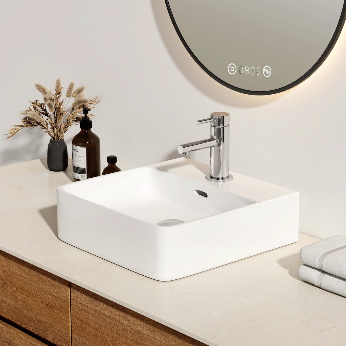 WASCHBECKEN mit 1 Hahnloch, Überlauf und Hahnlochbank, Weiß 42,5/41,5/12,5 cm - Weiß Hochglanz, Keramik (41.5/12.5/42.5cm) - EMKE