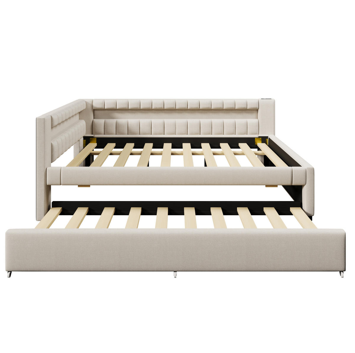 POLSTERBETT aus Leinen und MDF 140x200 cm in Beige mit LED & Ausziehbett - Beige, Textil (140/200cm) - Modfu
