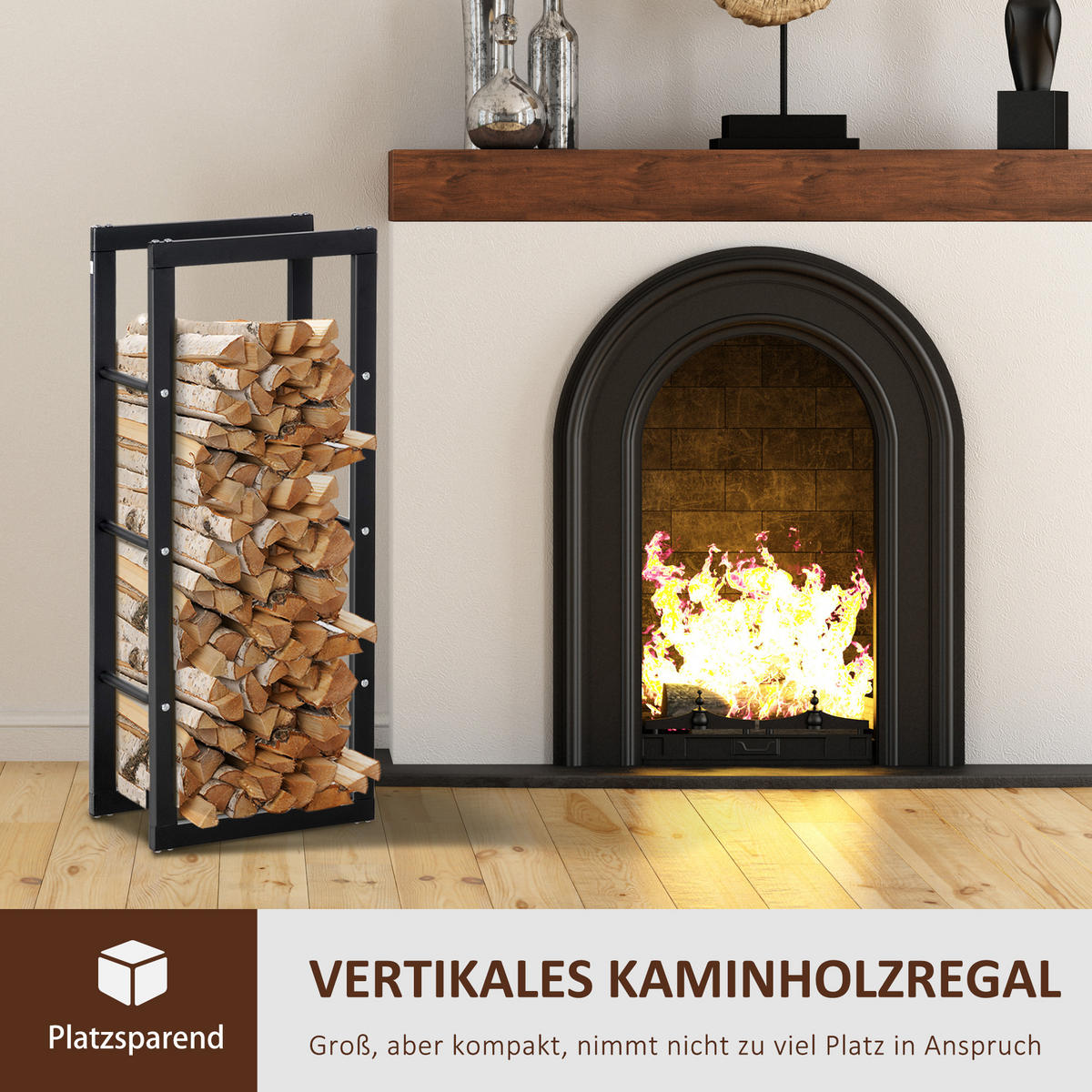 KAMINHOLZREGAL, Stahl, Schwarz, 40L x 25B x 100H cm - Schwarz, Metall (25/100/40cm) - HOMCOM