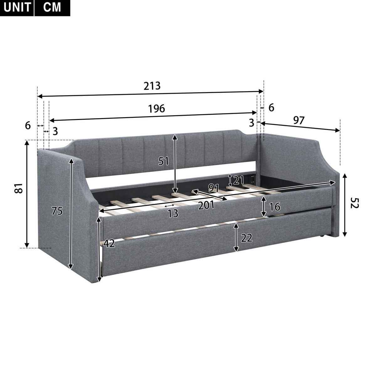 POLSTERBETT 90/200 cm Grau aus Leinen mit Rollbett - Grau, Textil (90/200cm) - OKMYHOME