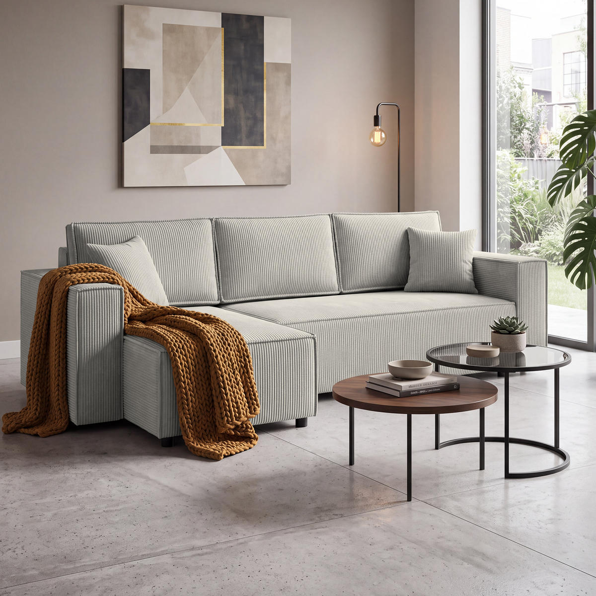 ECKSCHLAFSOFA Neapol mit Bettkasten, 255 cm, Cord-Stoff, Beige - Beige/Schwarz, Textil (256/148cm) - Beautysofa
