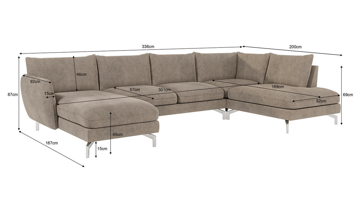 WOHNLANDSCHAFT Elou Dunkelbeige Microfaser - Chromfarben/Beige, Textil/Metall (336/87/200cm) - S-Style Möbel