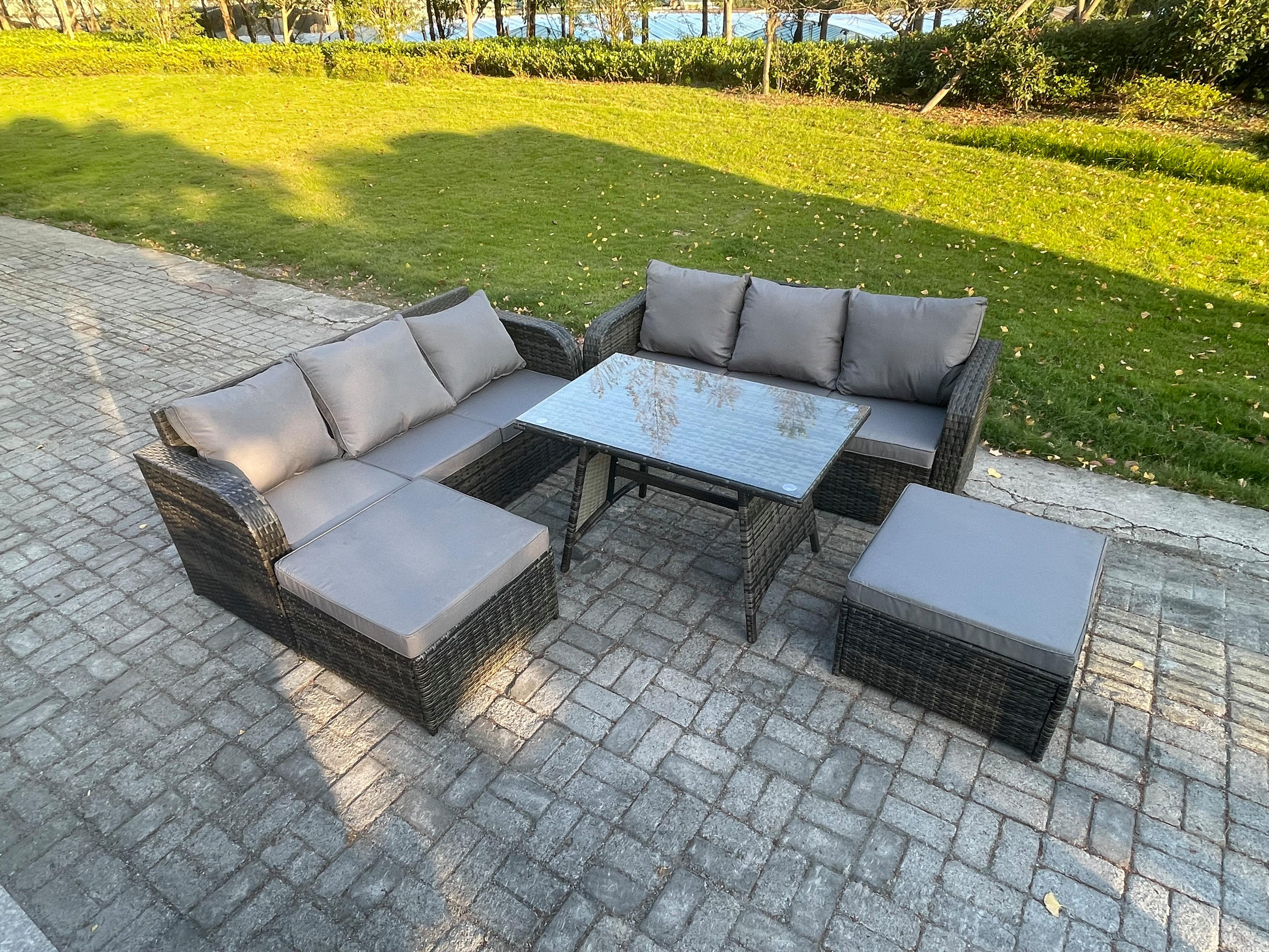 GARTENSET Hohe Rückenlehne Polyrattan 8-Sitzer - Dunkelgrau/Grau, Glas/Kunststoff - Fimous